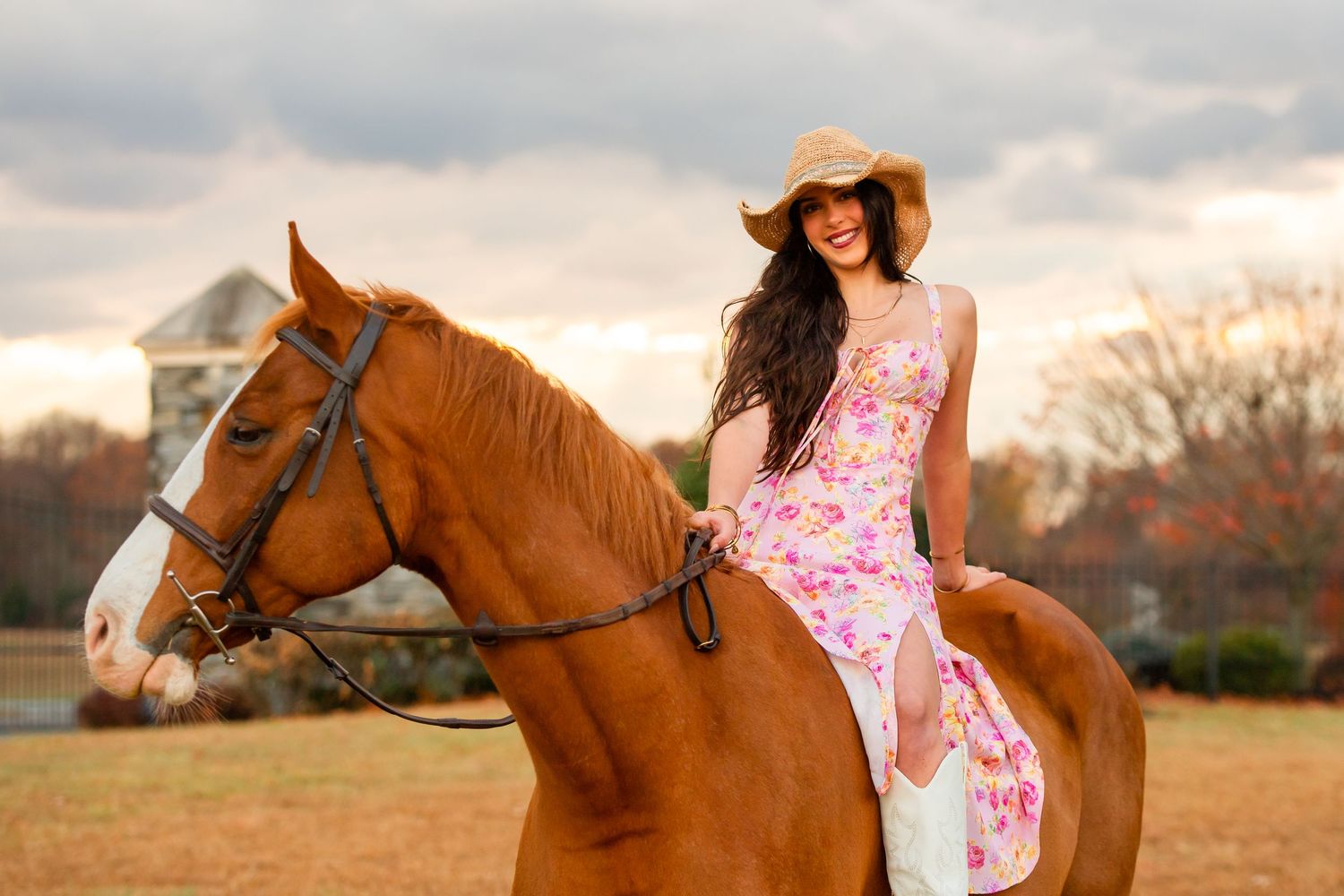 Horse and companion in pink floral dress against dramatic sunset sky.