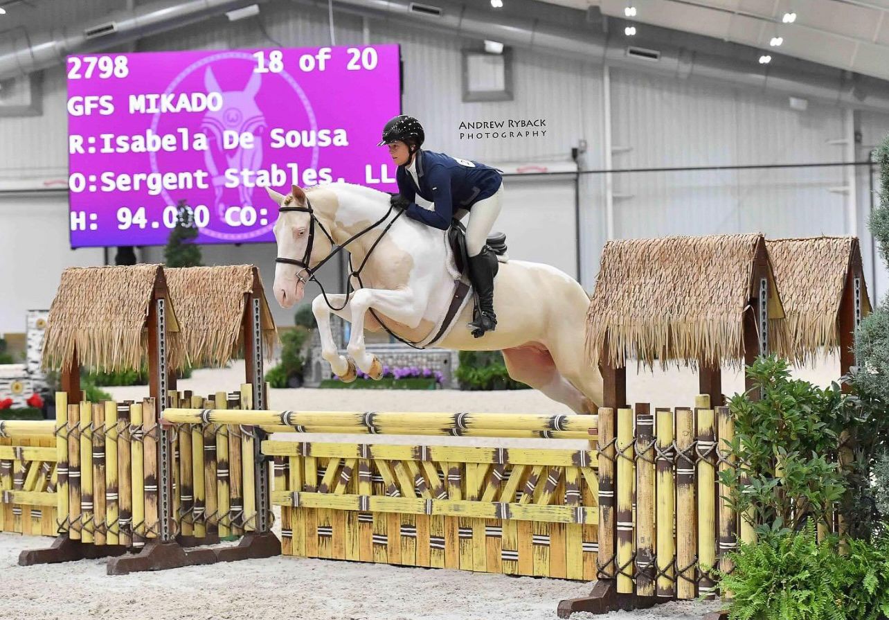 Equestrian jumping bamboo-themed obstacle course in indoor arena with digital scoreboard display.