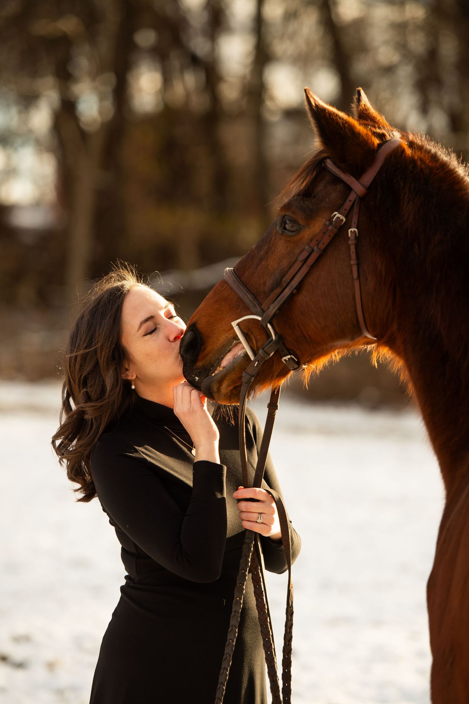 Loving moment between horse and companion during golden hour in snowy setting.