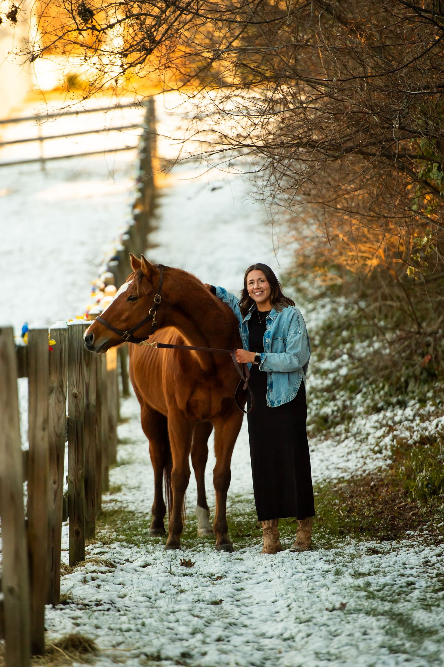 A horse and person walk along a snowy fenced path at golden hour.