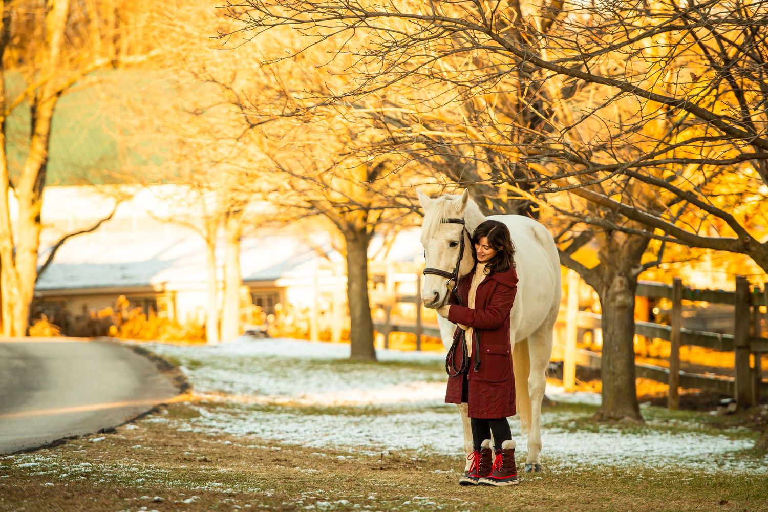 Someone in a red winter coat stands under golden autumn trees in a snowy landscape.