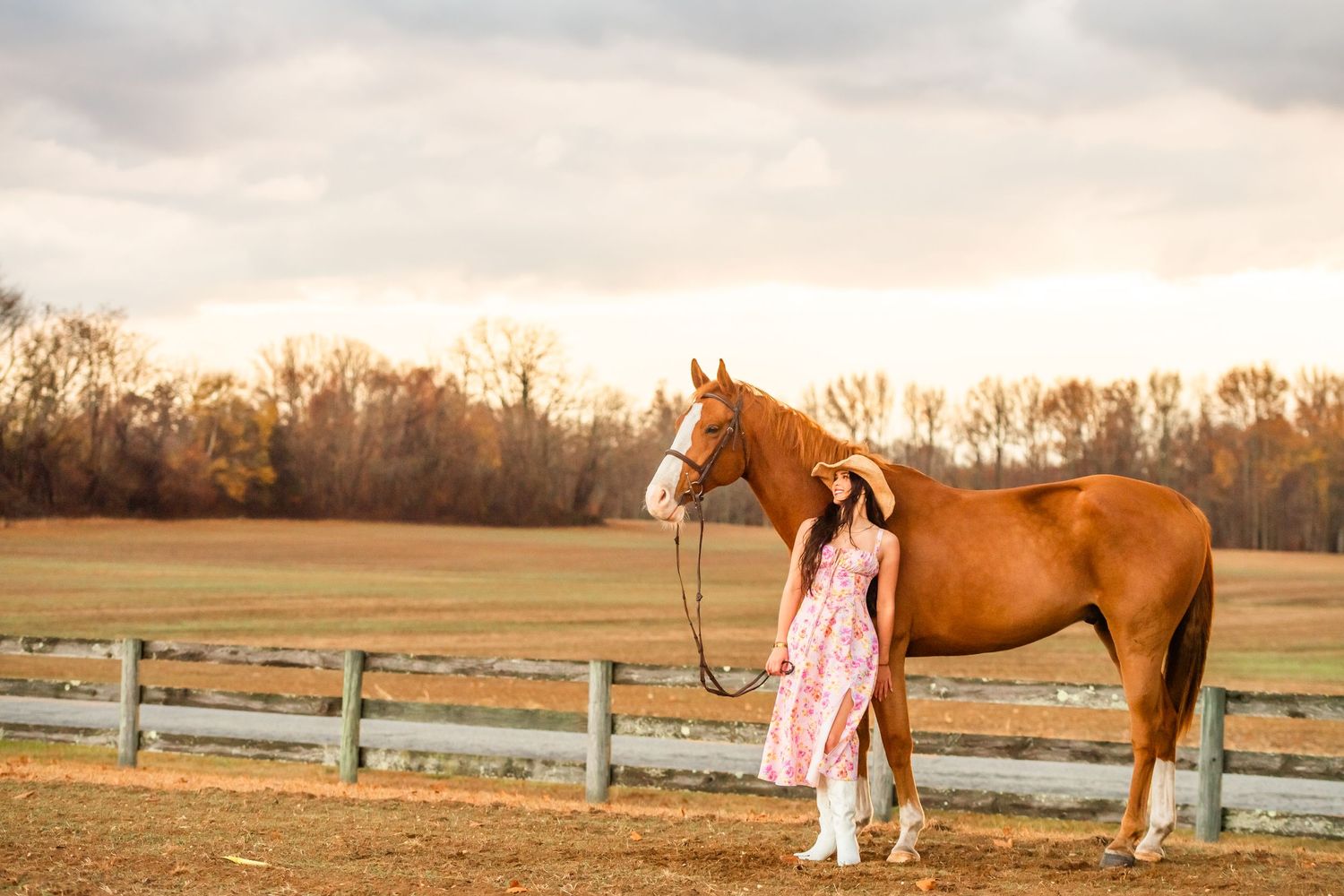 Horse and companion in pink floral dress standing by rustic fence at sunset.