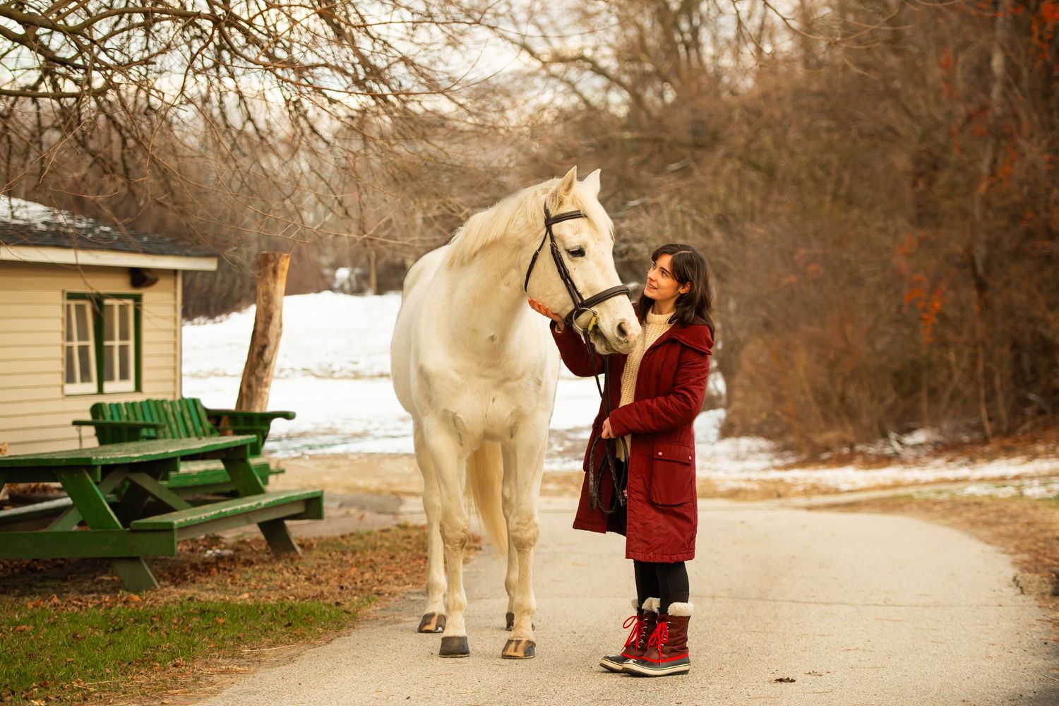 A white horse and person in a red coat stand together on a snowy path near a picnic table.