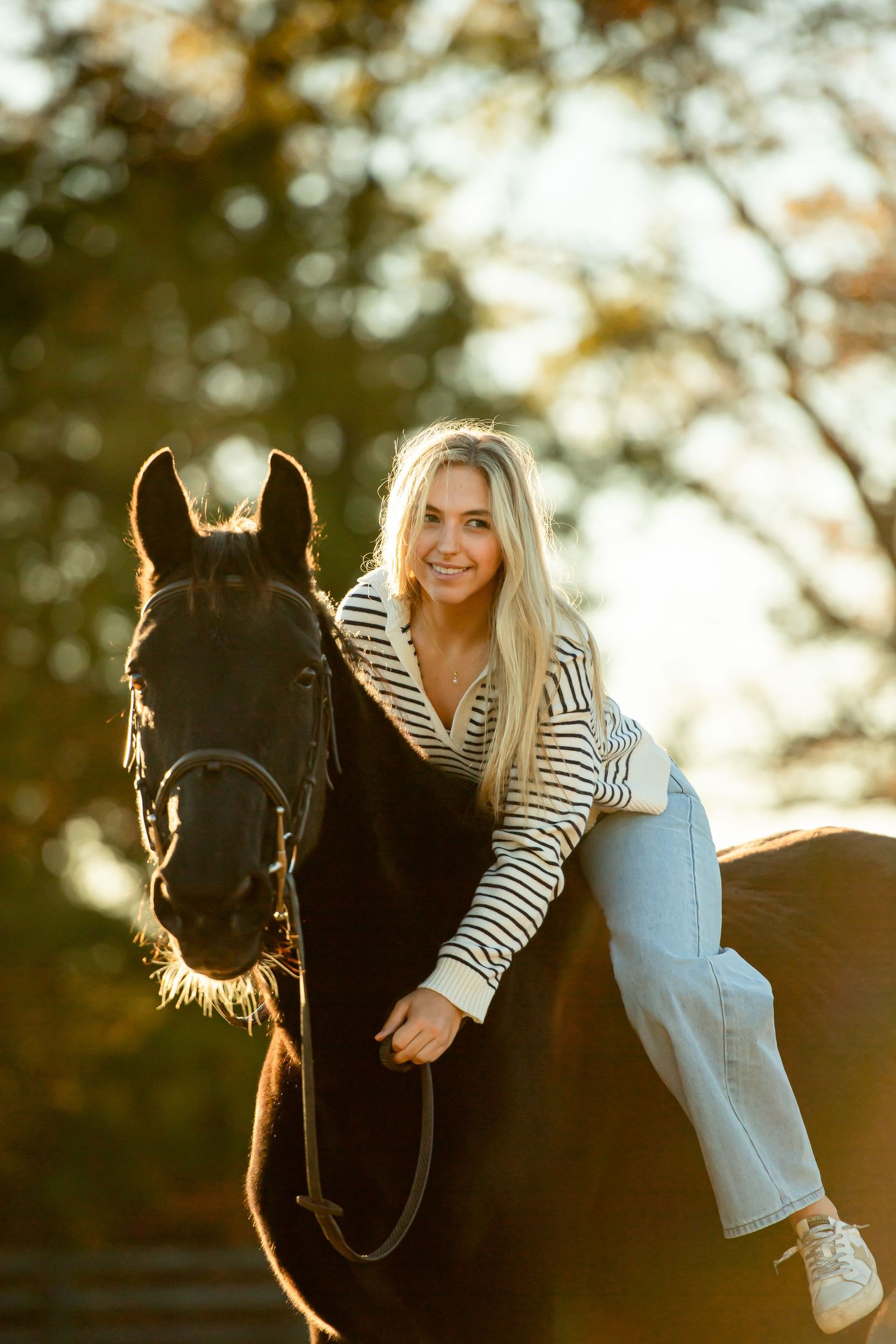 Dark horse with bridle stands while companion leans over in casual autumn setting.