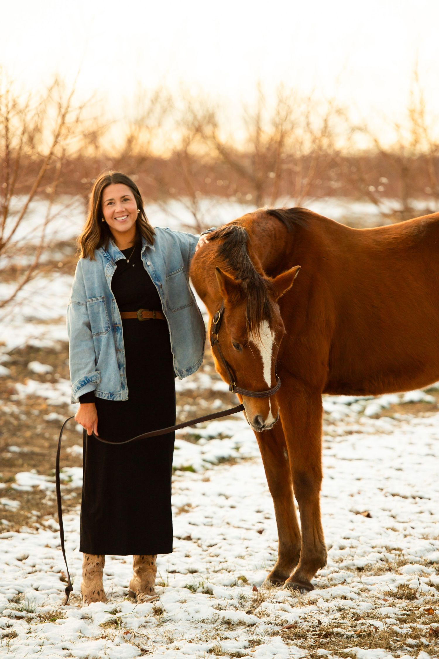 A chestnut horse and someone in denim and black dress pose in winter sunlight.