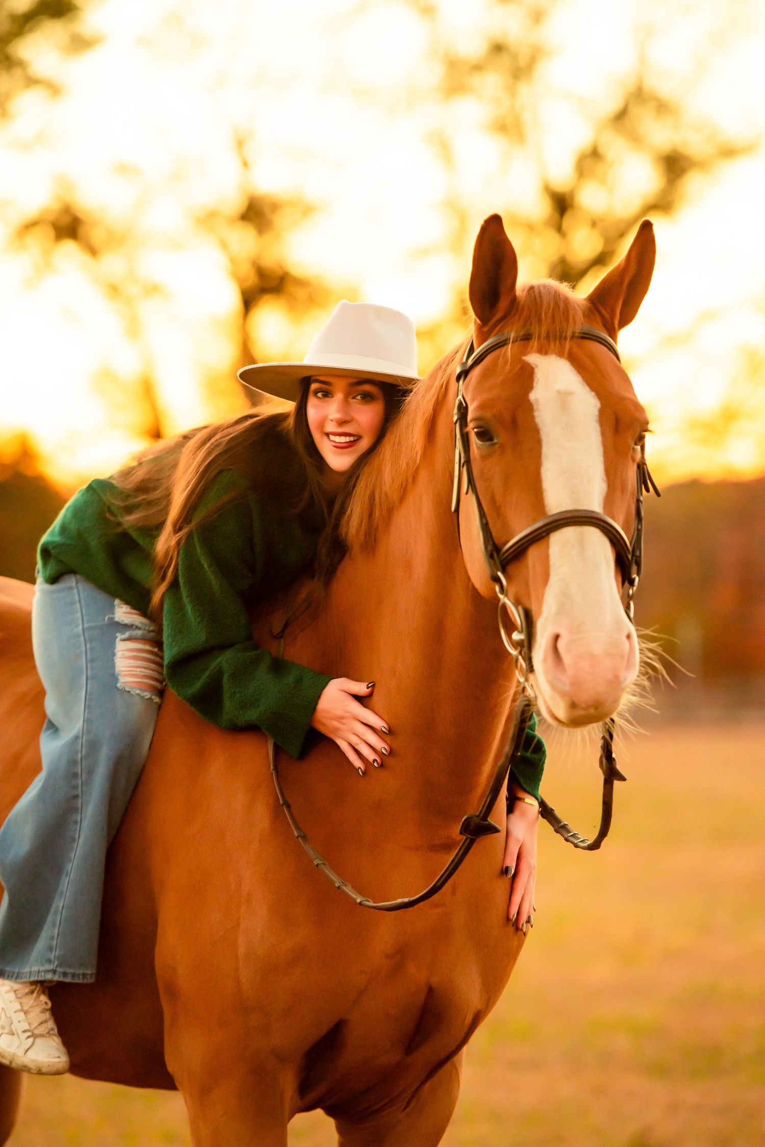 Chestnut horse with rider in green sweater leaning down for embrace during golden hour.