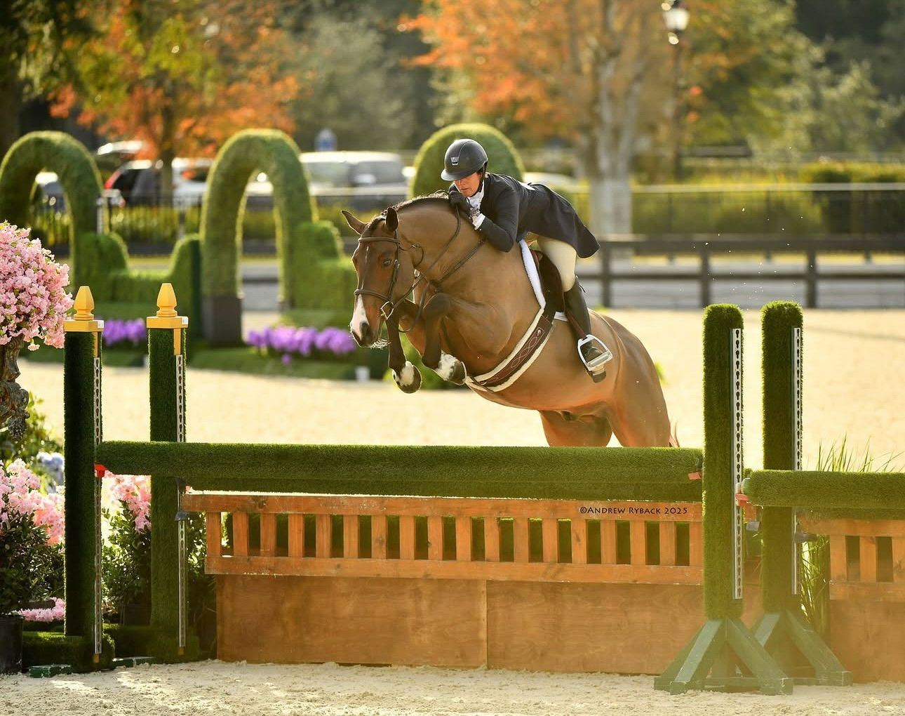 Horse and rider clearing a green jump obstacle during an equestrian competition with autumn foliage in background.