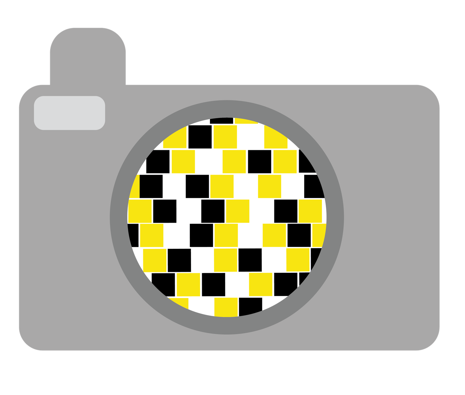 A row of five identical gray camera shapes with yellow and black checkered viewfinder patterns.
