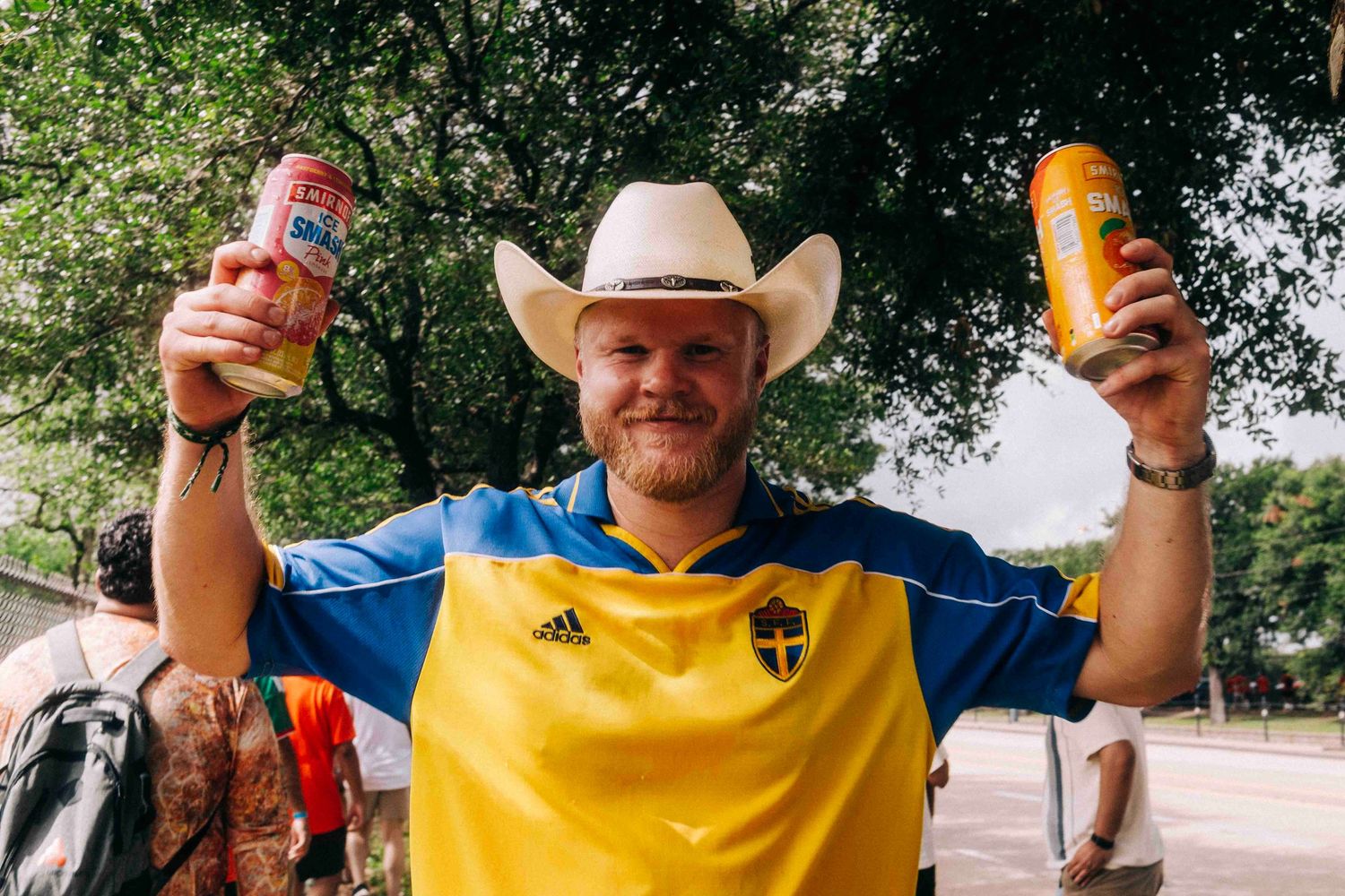 FIFA World Cup 2026 Houston | Swedish fan double fisting drinks| Photos by Robert Paul