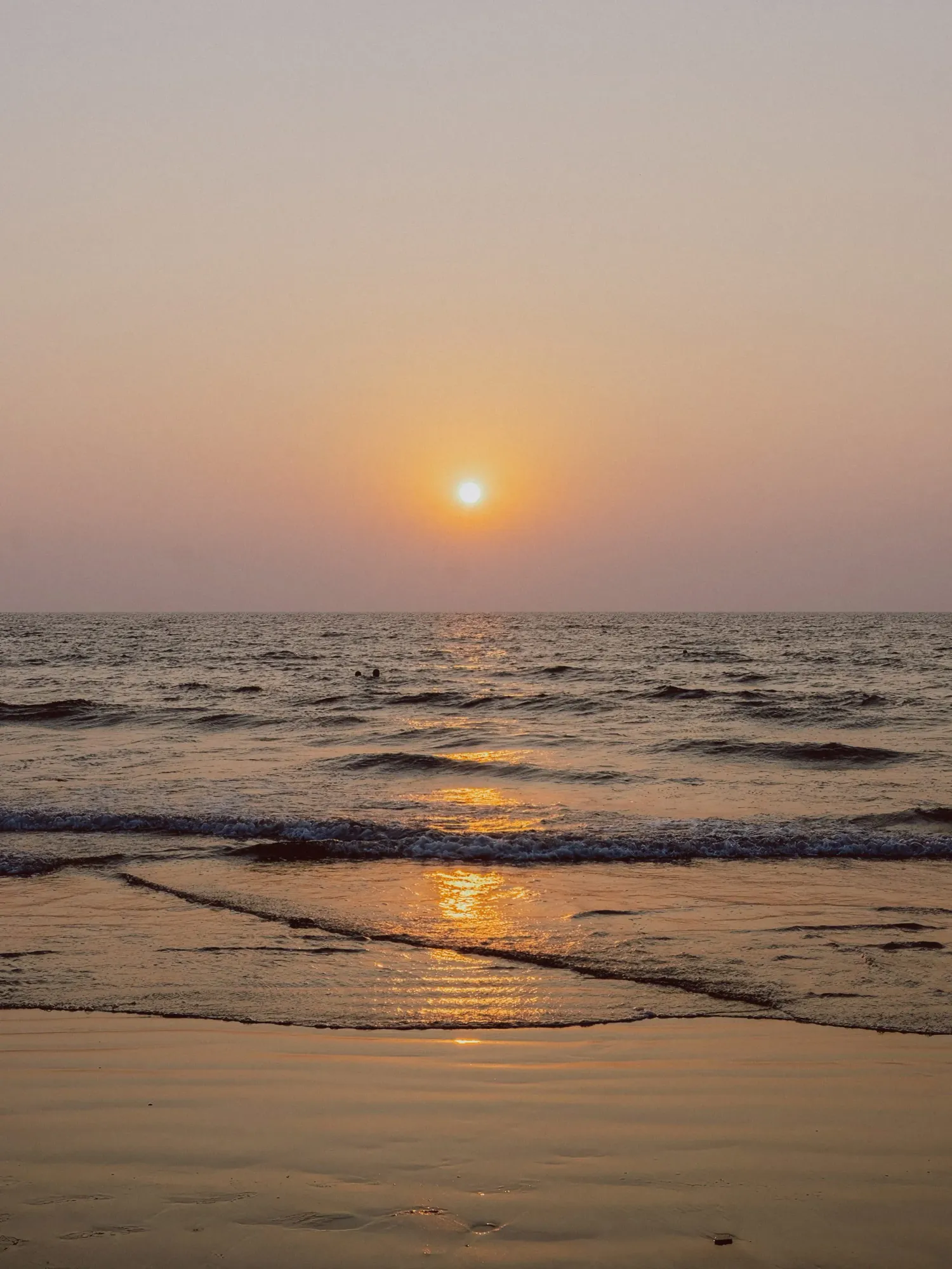 Golden sunset over calm ocean waves reflecting warm orange light on wet sandy beach.