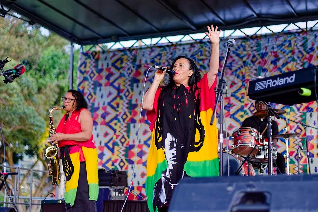 A reggae singer in red, gold, and green performs energetically on stage with a live band.