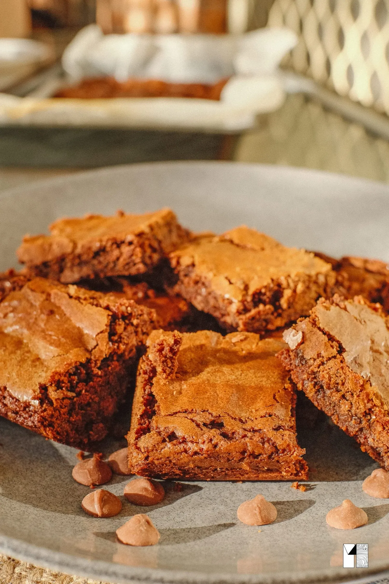 Freshly baked chocolate brownies cut into squares on a plate with chocolate chips.