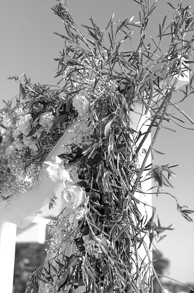 Black and white photo of a wedding arch draped with olive branches, roses and baby's breath against a clear sky.