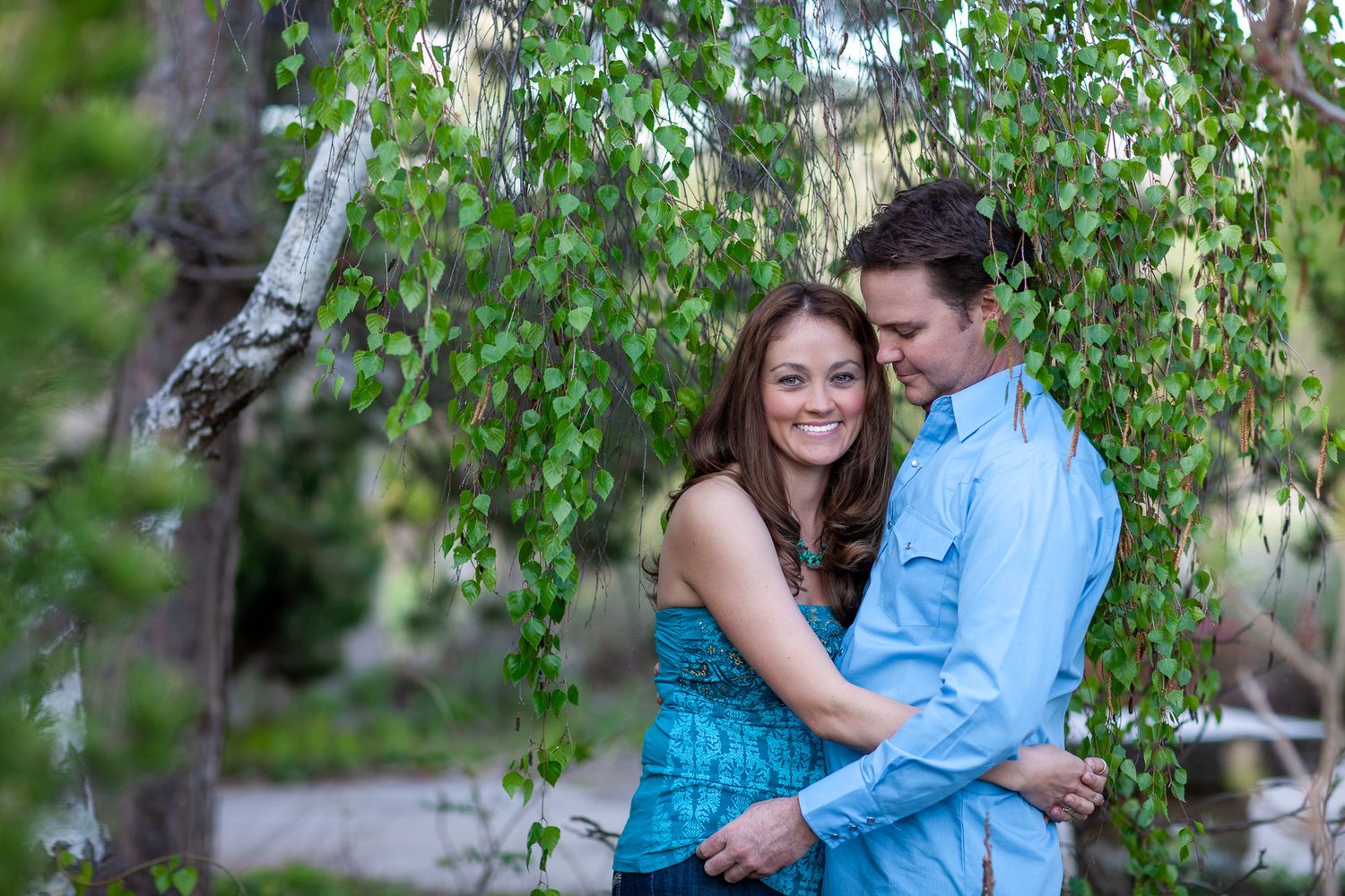 A smiling couple embraces under a weeping birch tree with lush green foliage in an outdoor setting.