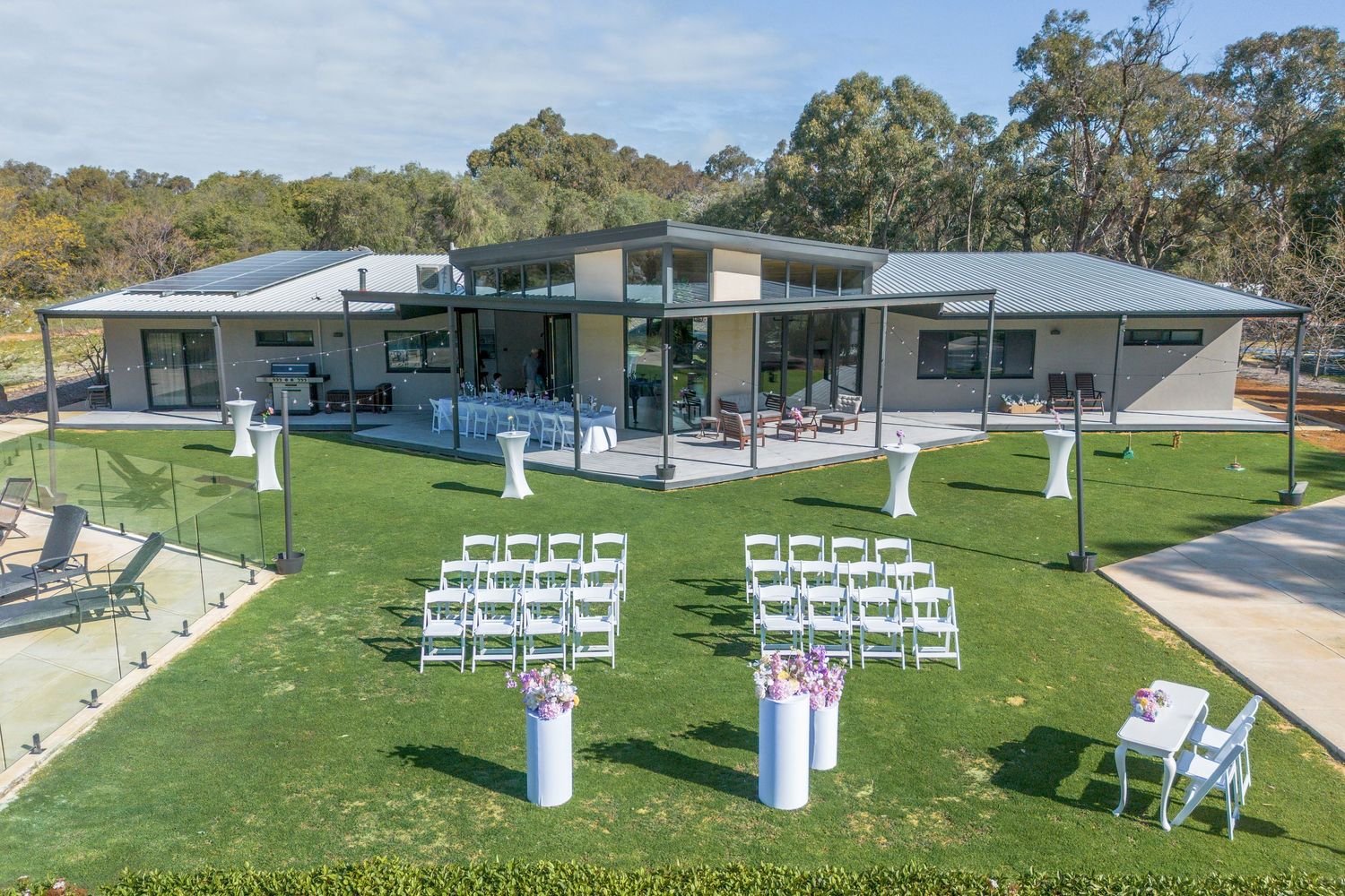 Wedding venue photographed with natural light, showcasing ceremony space and architectural details.