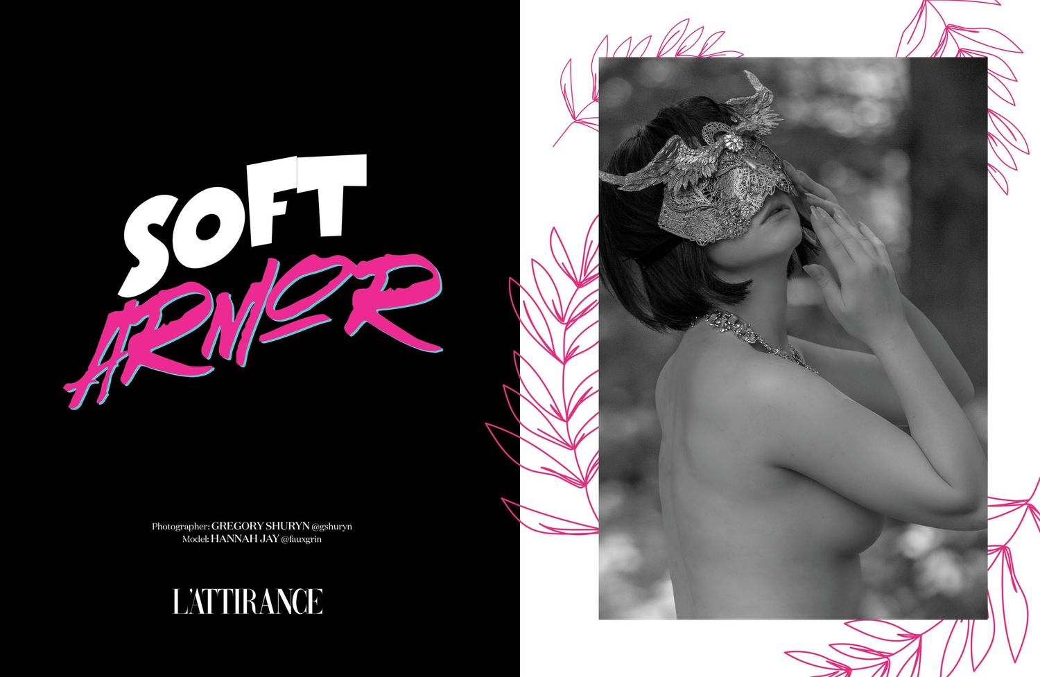 Black and white fashion editorial titled Soft Armor featuring a masked model in an elegant pose.