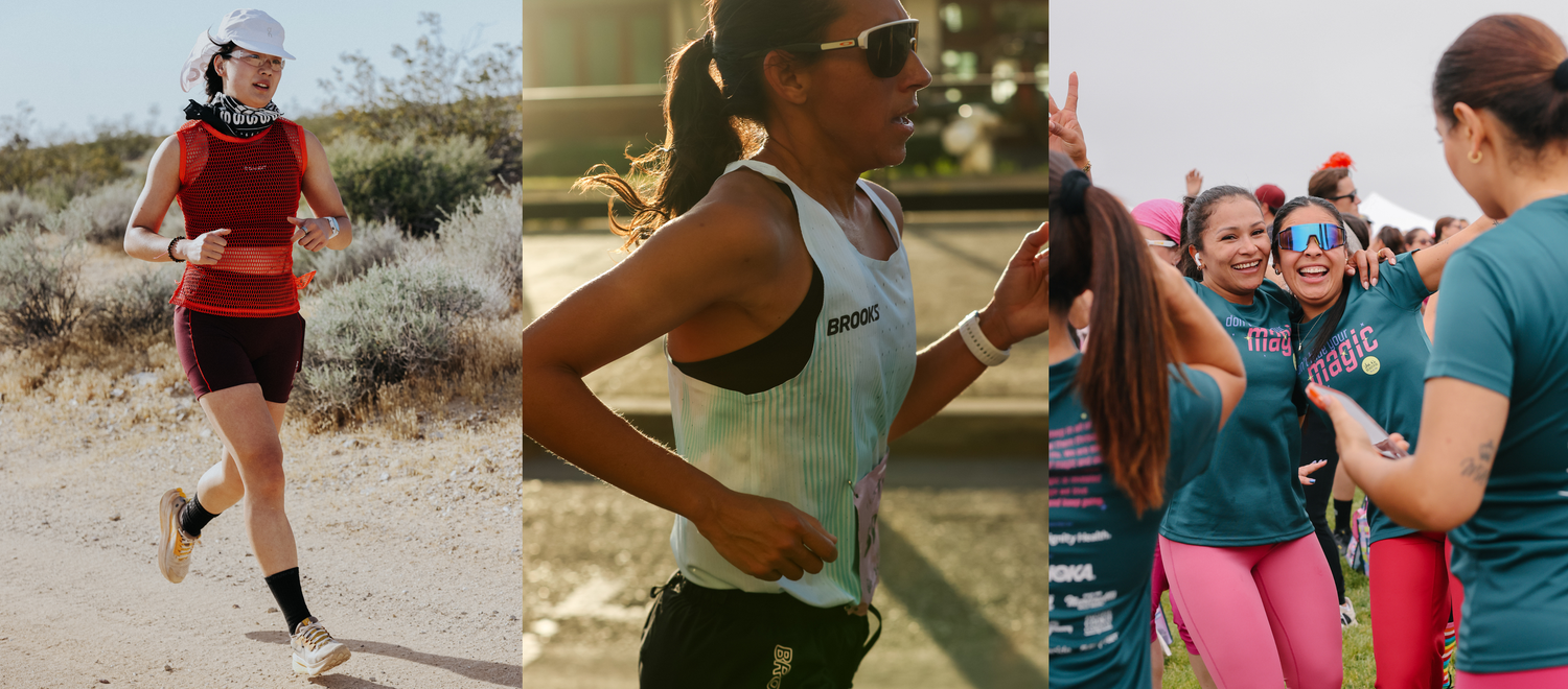 Triptych of women athletes running and celebrating outdoors in colorful performance running gear.