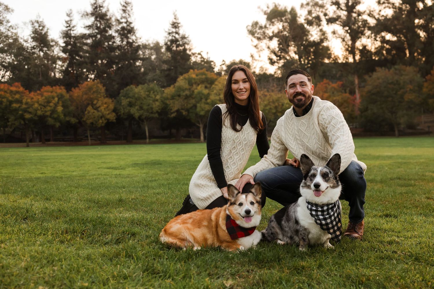 Smiling couple in matching cream sweaters pose with two Corgi dogs on a lush green lawn at sunset.