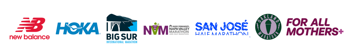 Sponsor logos for New Balance, HOKA, Big Sur Marathon, San Jose, and For All Mothers.