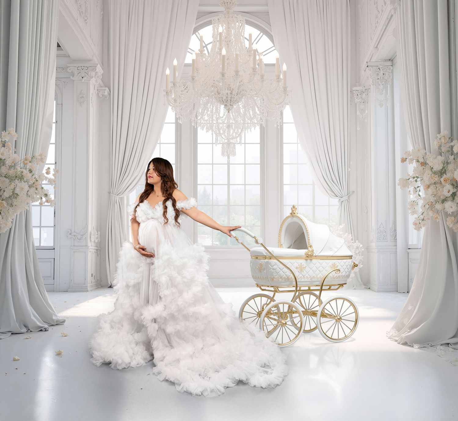 Pregnant woman in white ruffled gown pushing vintage gold baby carriage in luxurious white room.