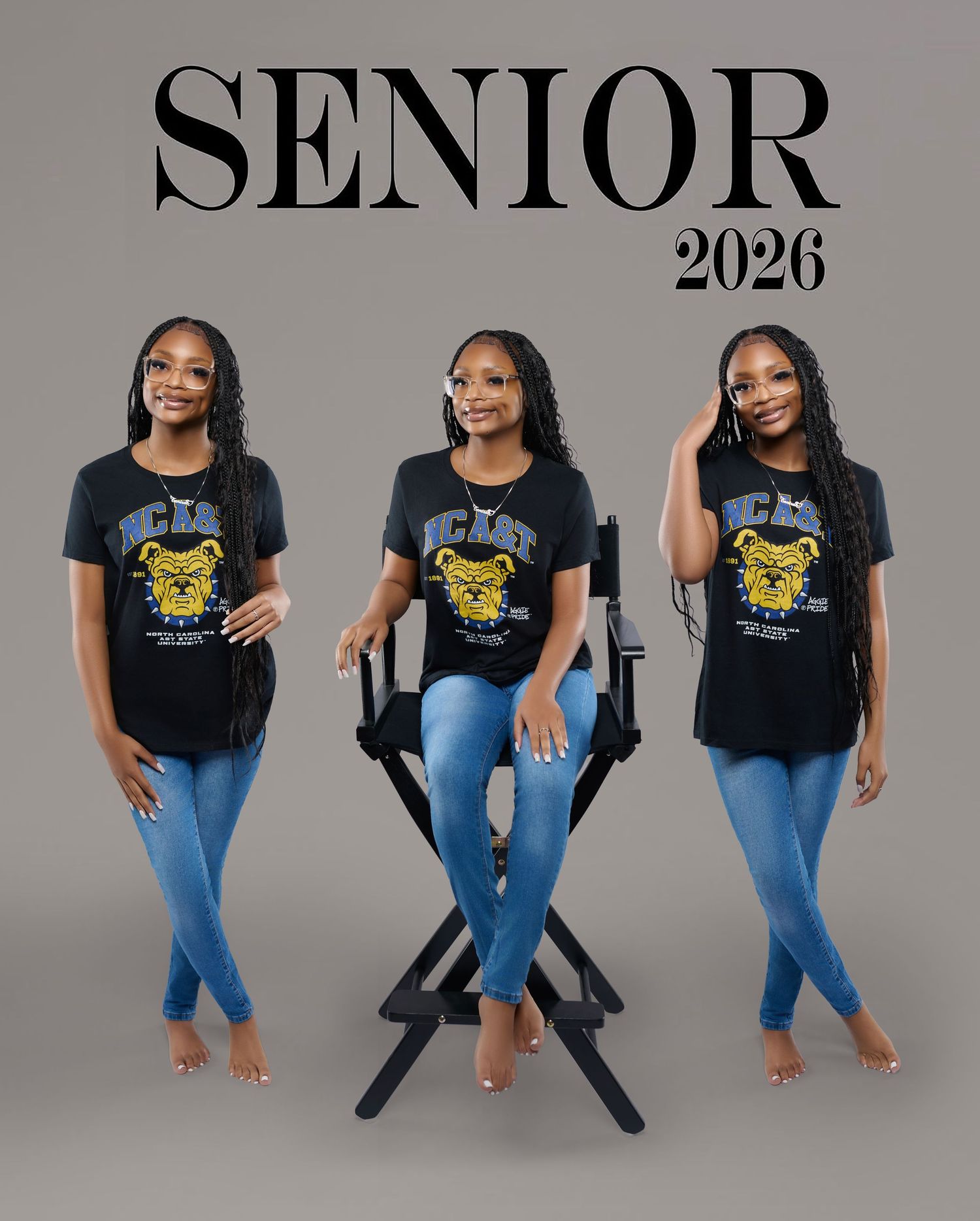 Senior 2026 composite portrait of a young woman in a black UCLA tee and jeans on gray backdrop.