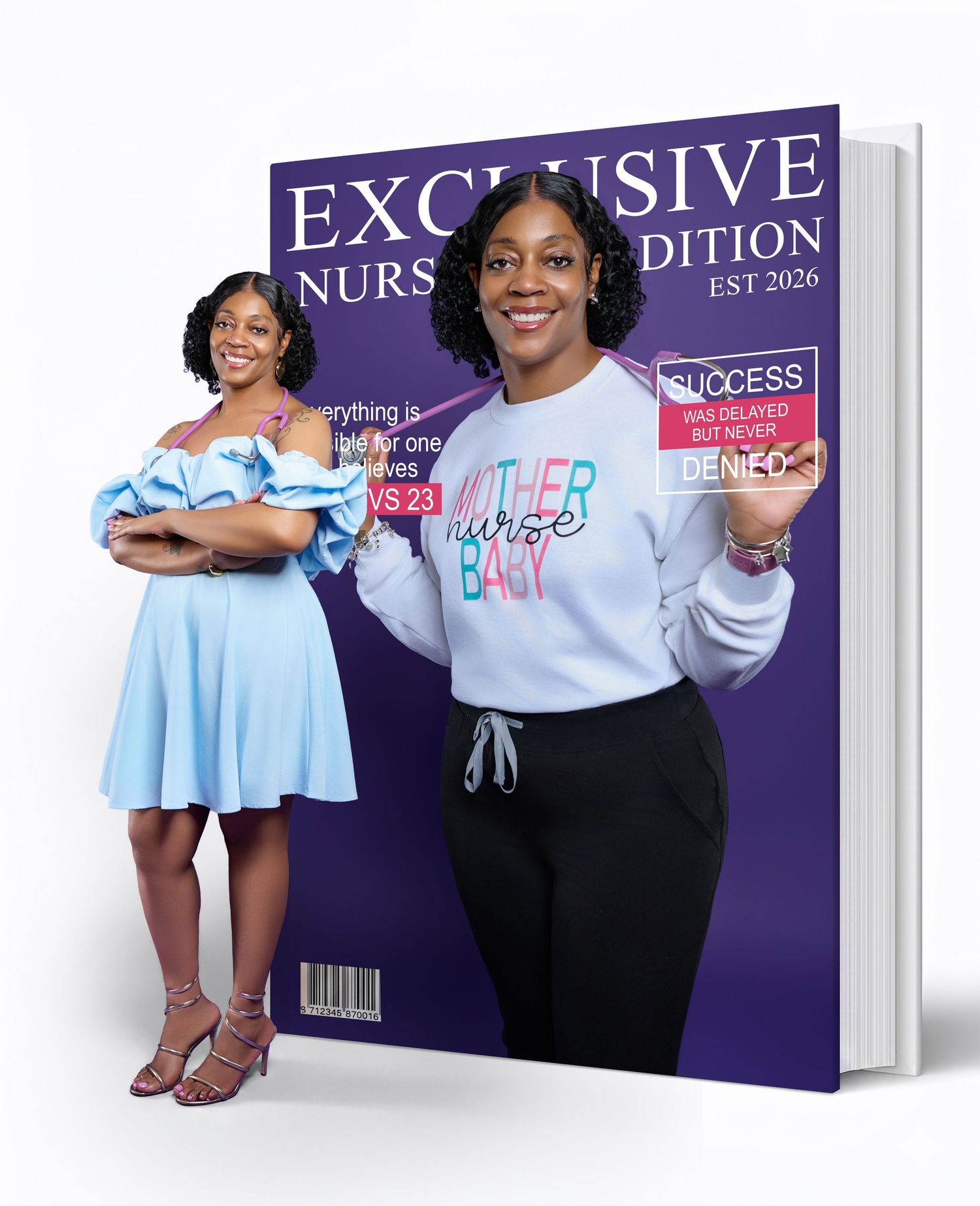 Two women posing with nursing-themed magazine cover design, celebrating nursing career achievement EST 2026.