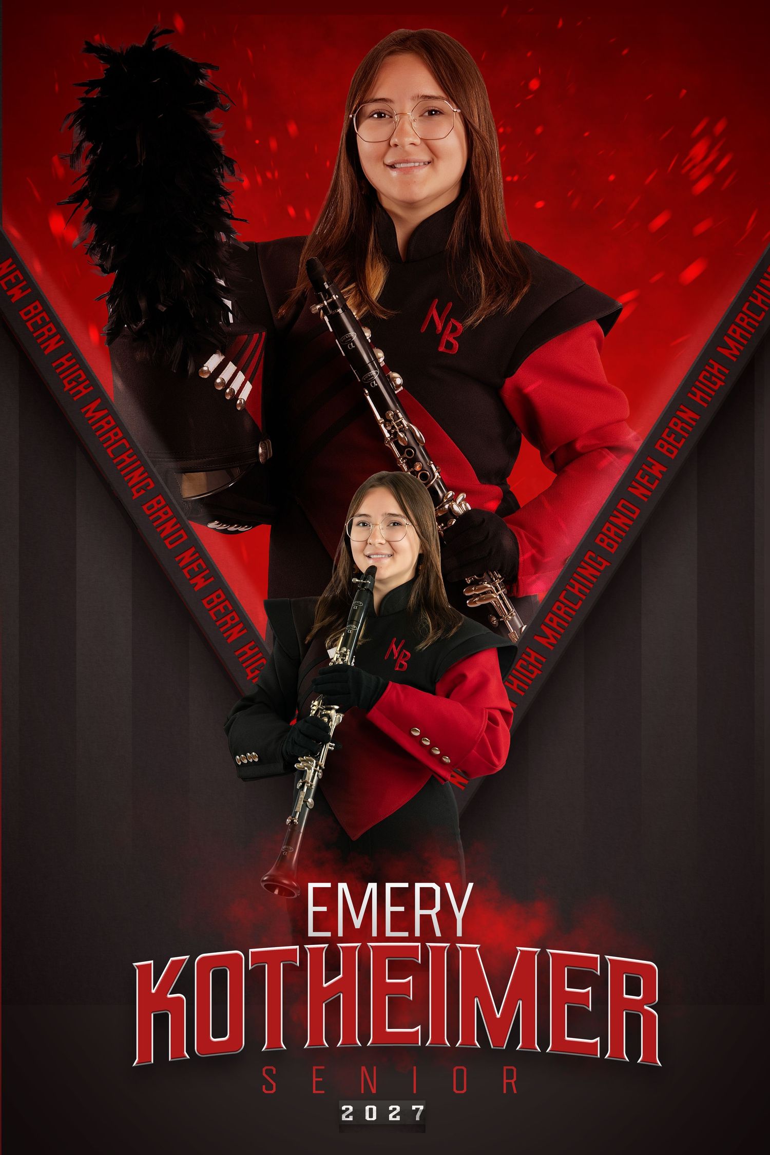Emery Kotheimer senior marching band member 2027, posing with clarinet in red and black uniform.