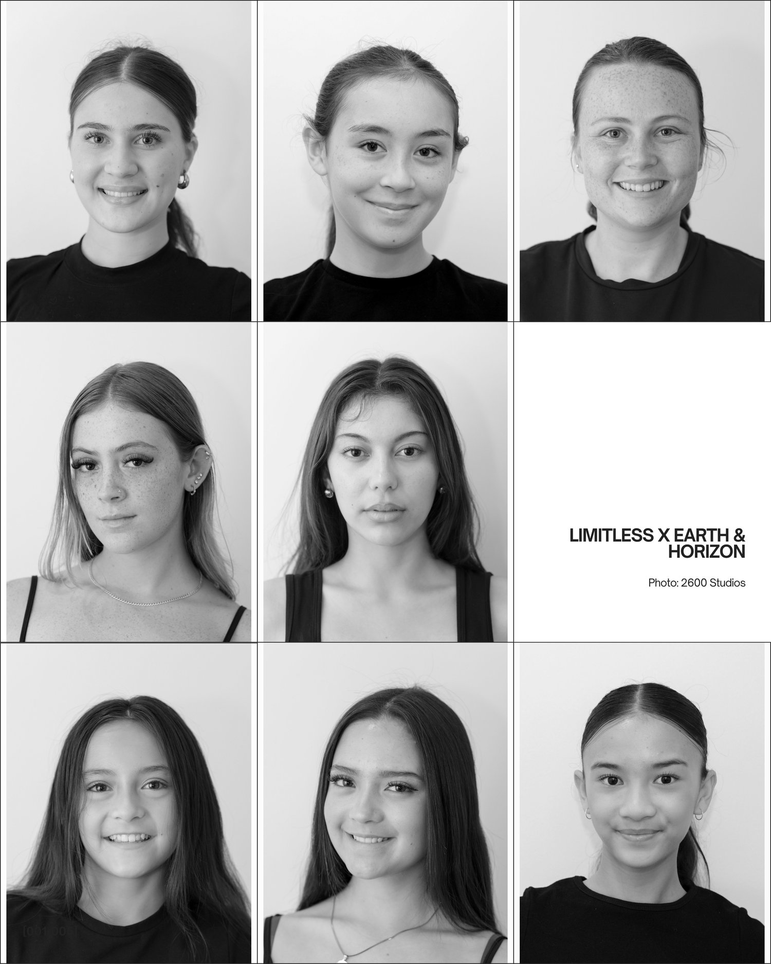 Black and white grid of nine young female model headshots for Limitless x Earth and Horizon agency.
