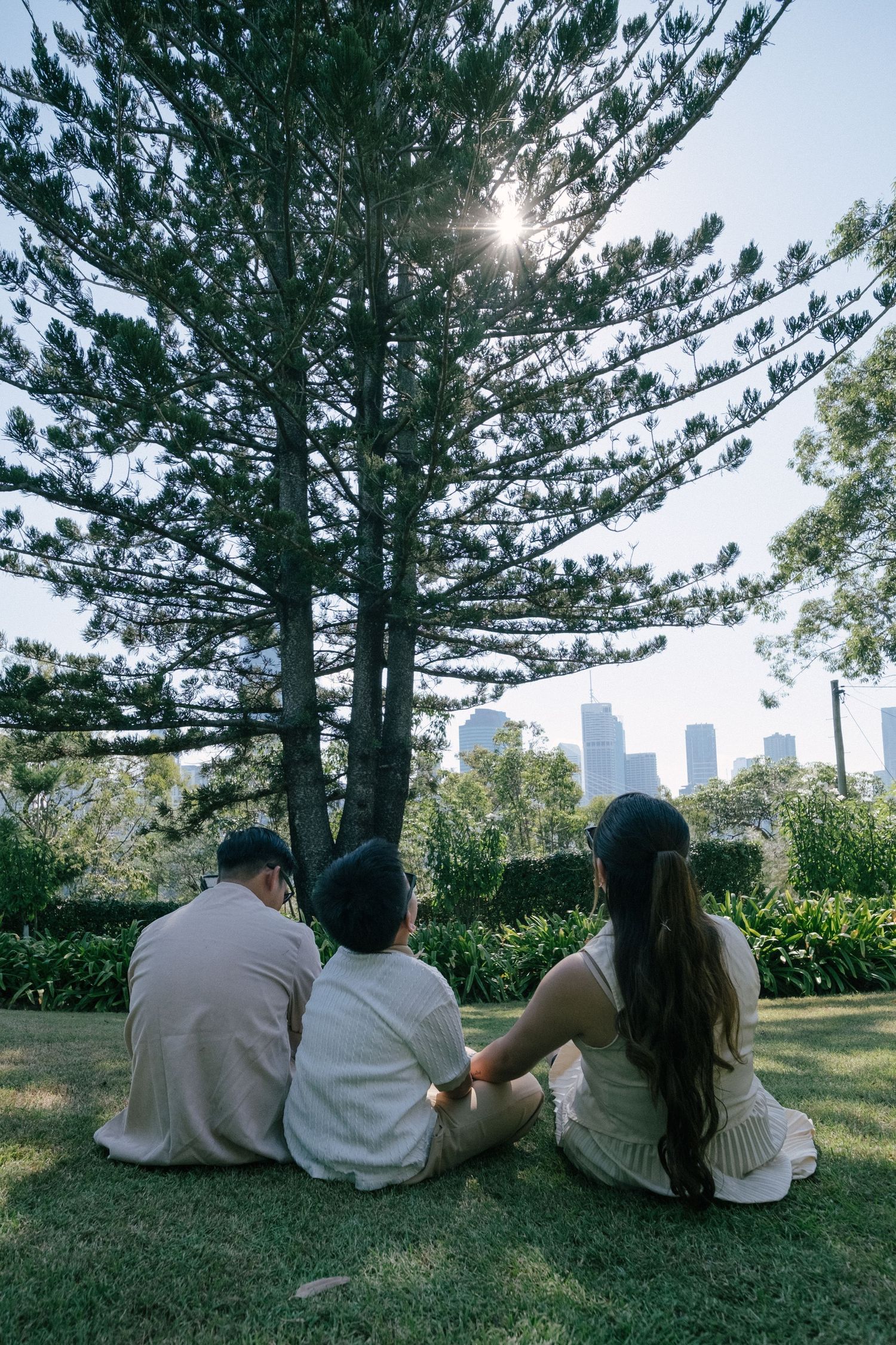 Family sitting on grass under tall pine tree in park with city skyline visible in background on sunny day.