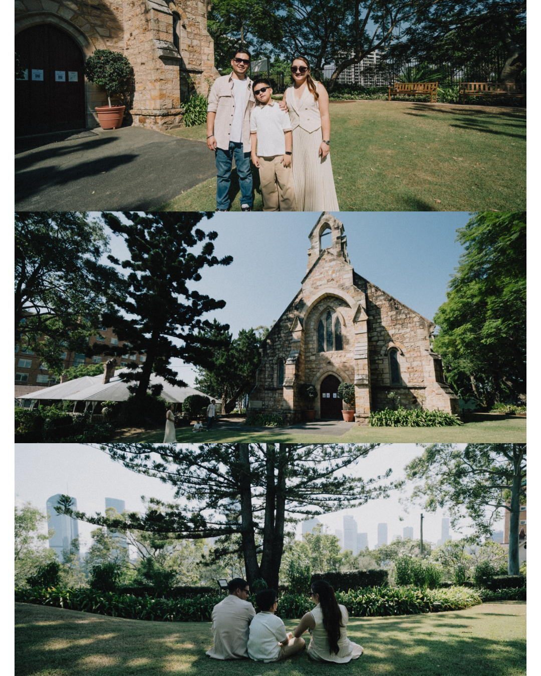 Three friends pose outside a historic stone church surrounded by lush greenery, with a couple sitting beneath a tree with city views.