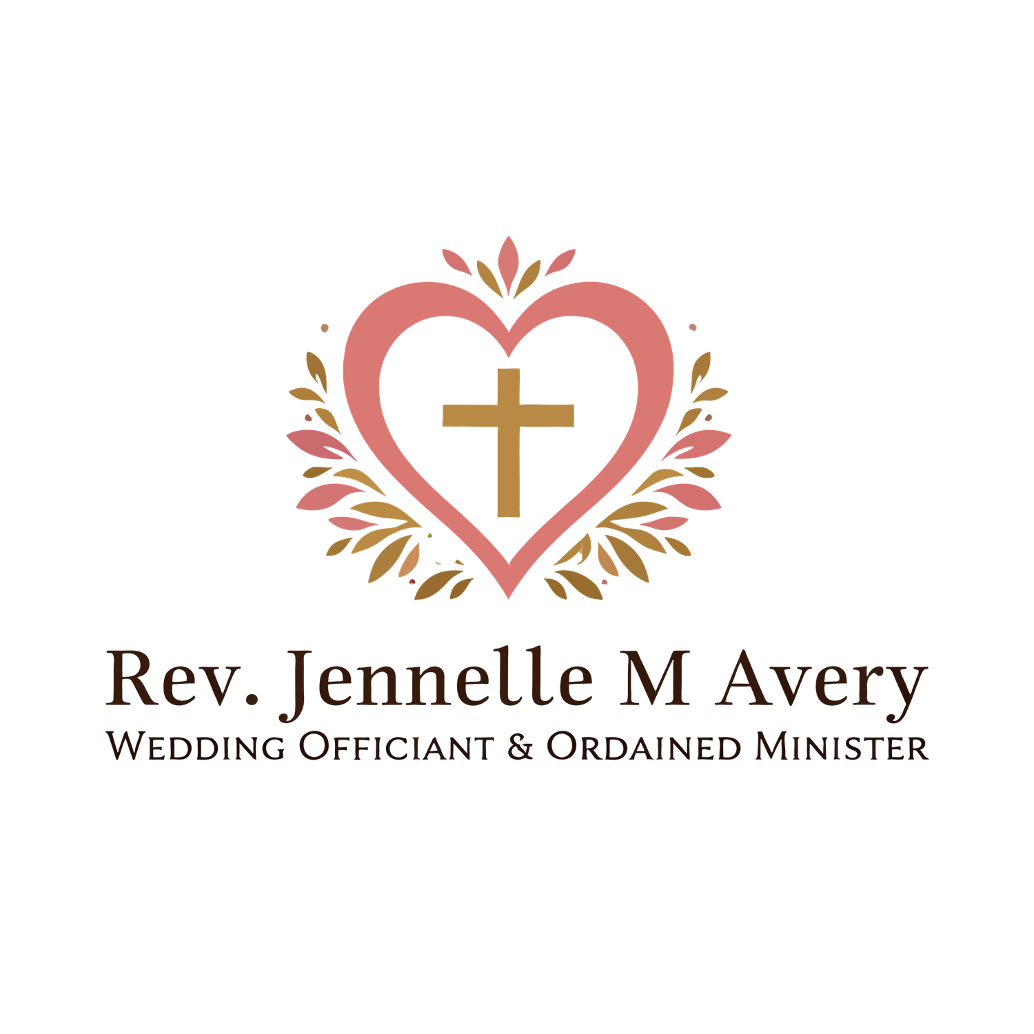Rev. Jennelle M Avery Wedding Officiant & Ordained Minister logo with pink heart, gold cross, and floral accents.