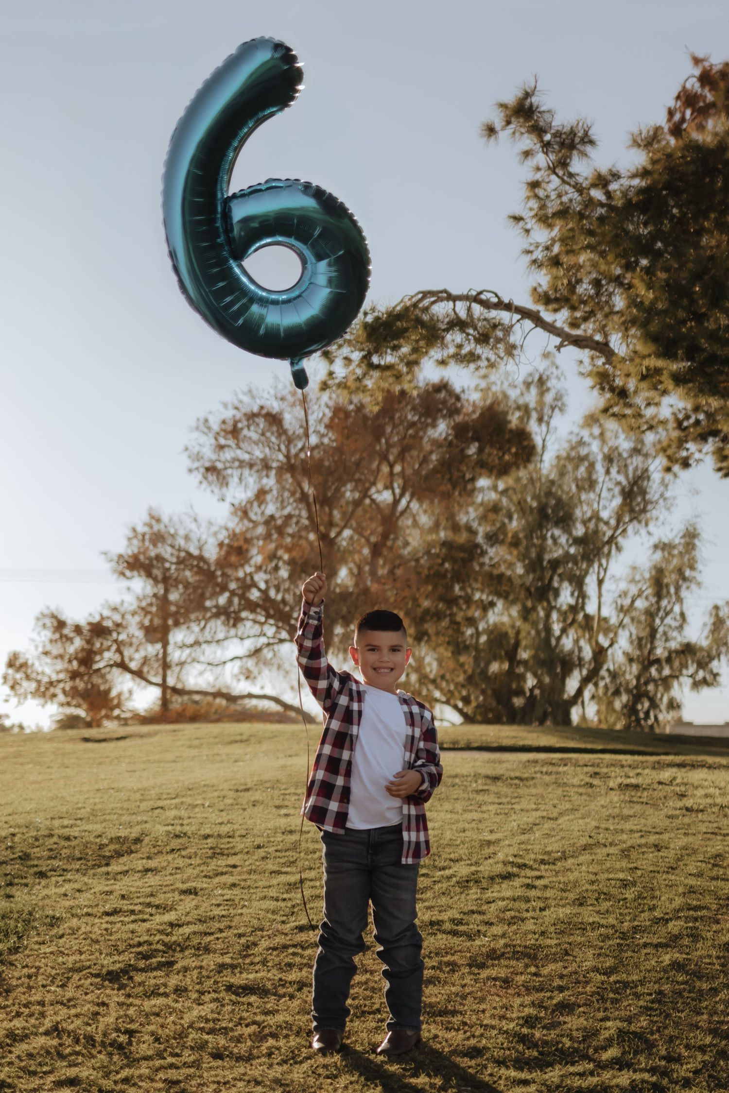 Smiling boy holding teal number 6 balloon in park during golden hour sunset.