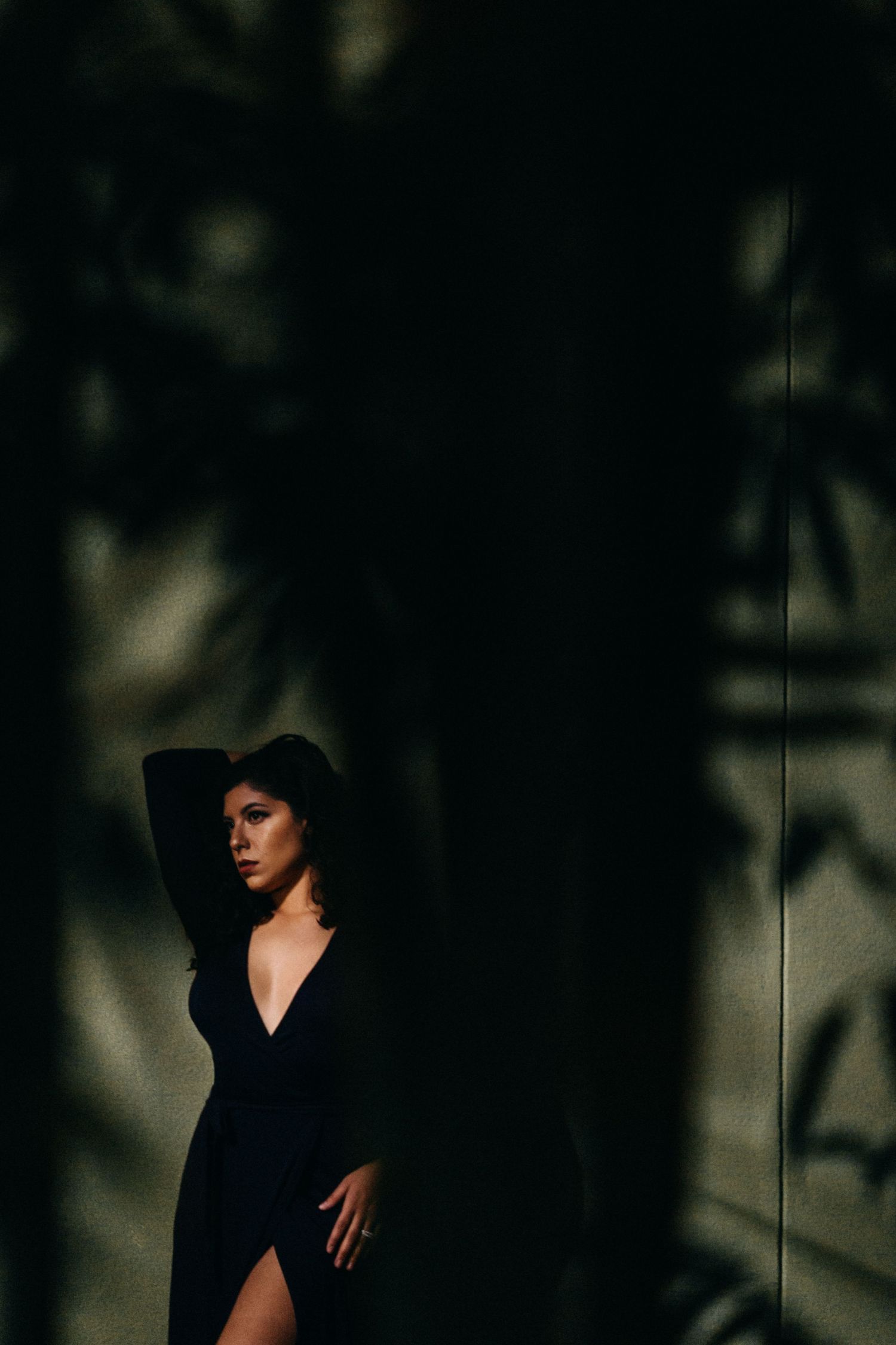 Woman in elegant black dress posing against a wall with dramatic tropical leaf shadows in moody lighting.