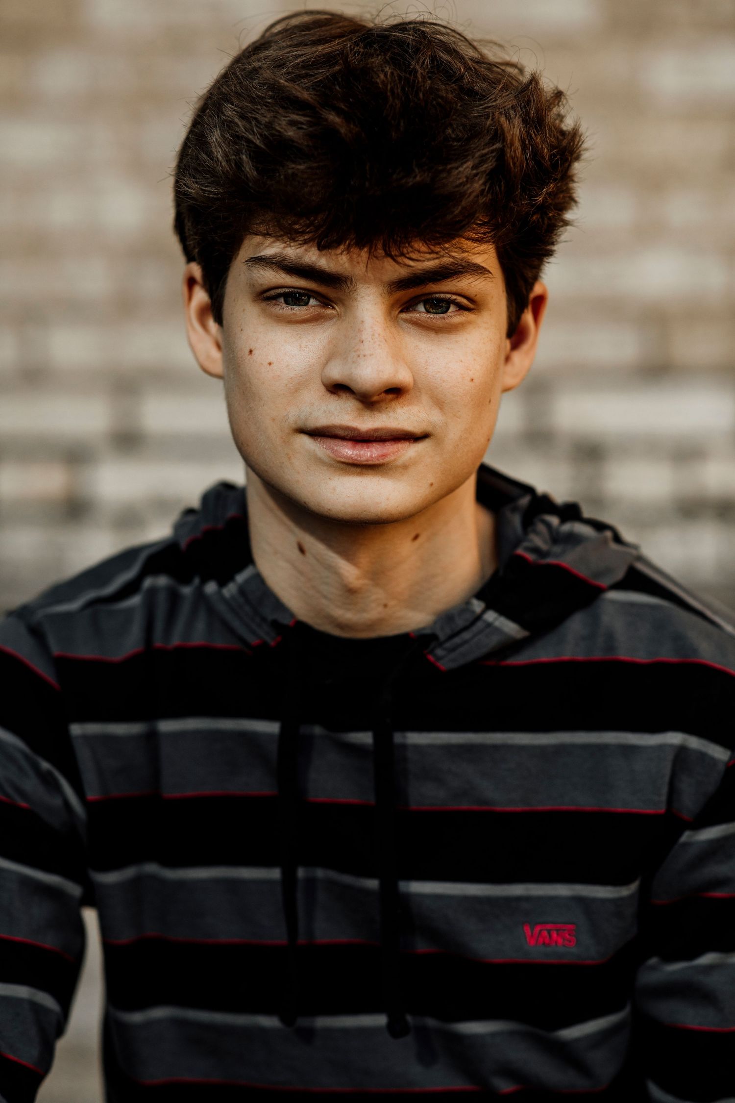 Young teen boy with dark hair wearing a striped Vans hoodie, posing against a brick wall background.