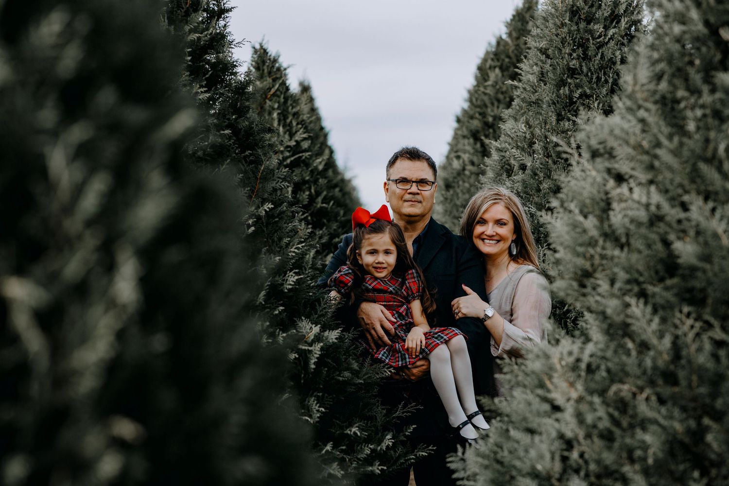 Family of three posing among Christmas trees at a tree farm, parents holding young girl in red bow and plaid dress.