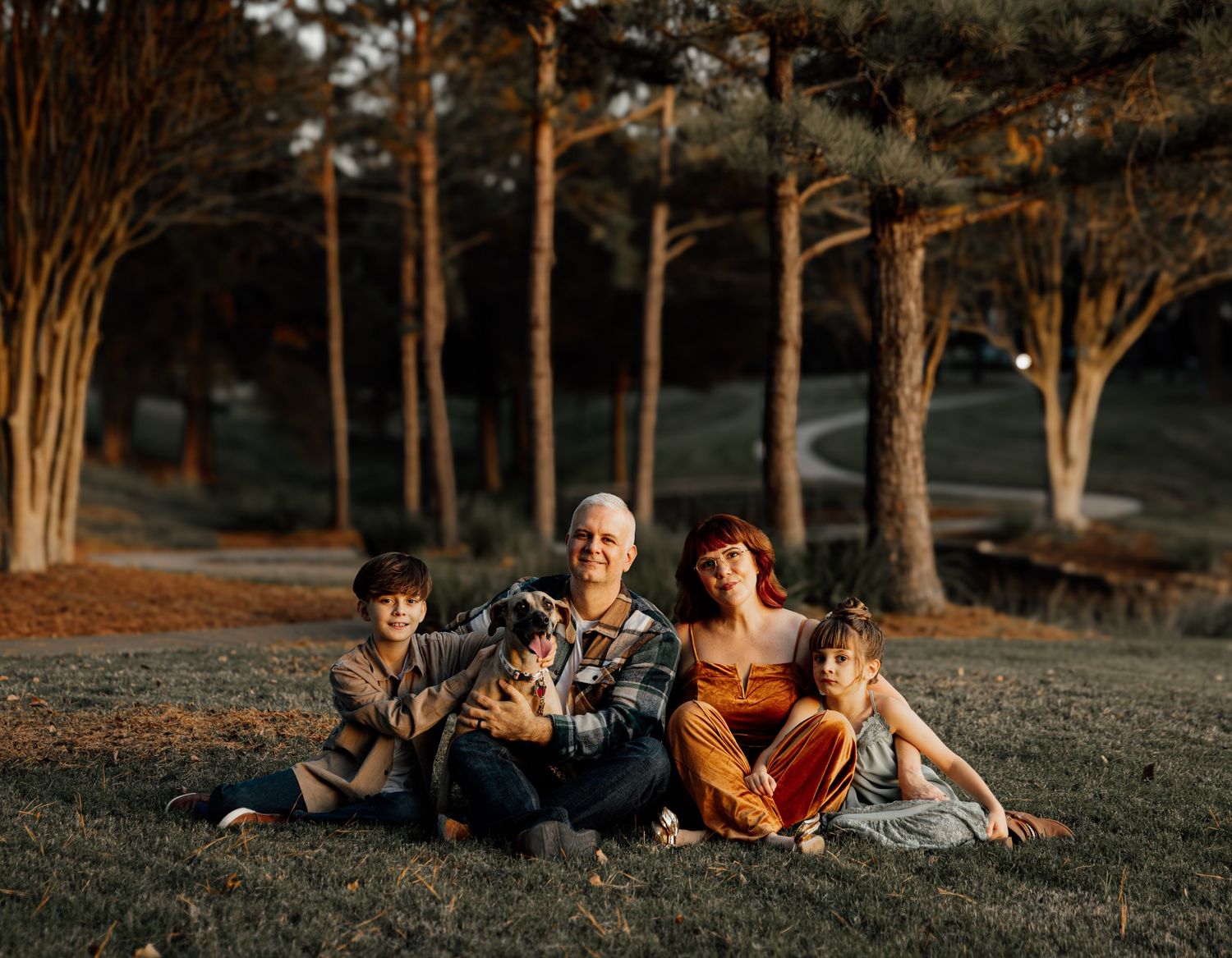 Family of four sitting on grass at golden hour with tall trees in the background.