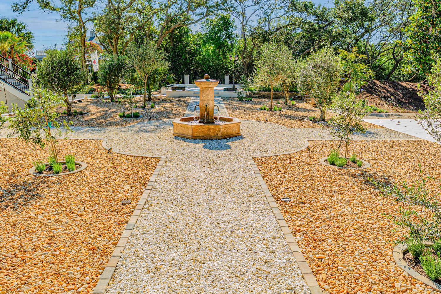 A serene garden path leads to a decorative fountain surrounded by gravel, young olive trees, and lush greenery.