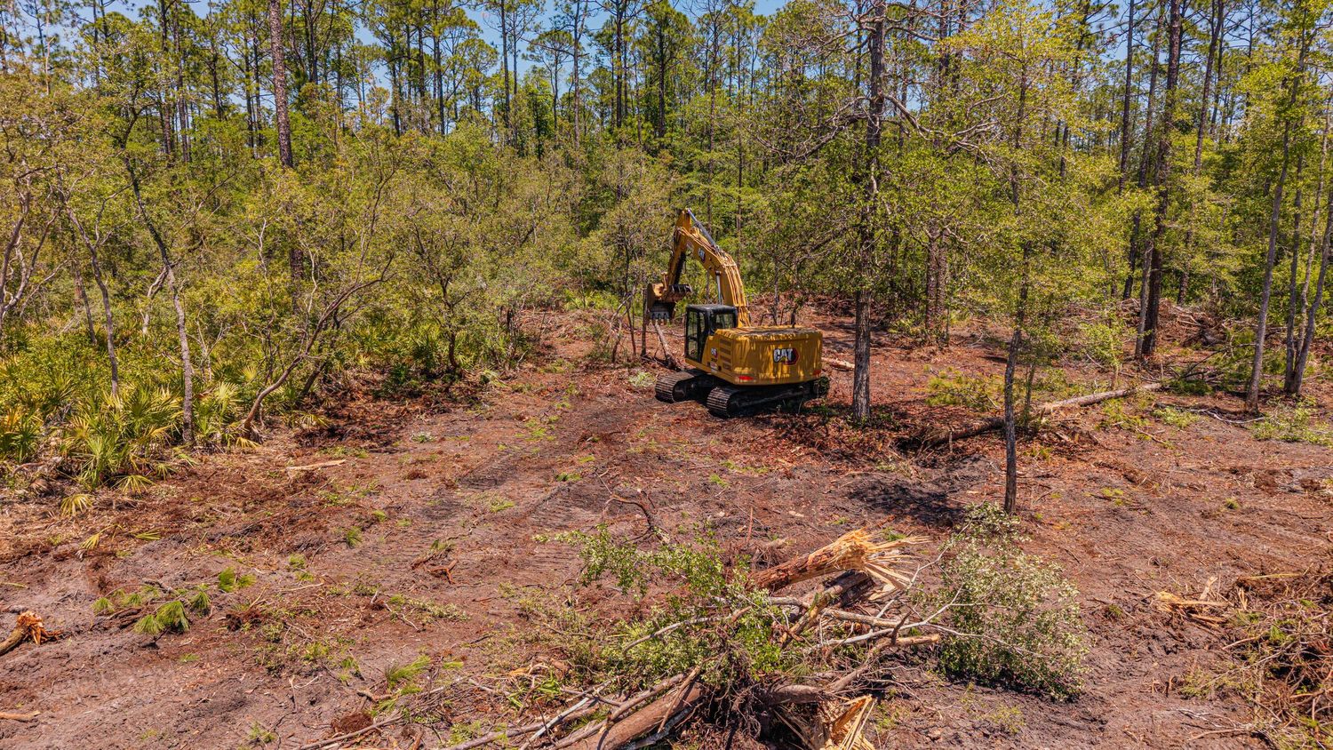 Yellow excavator clearing trees in a forested area with red clay soil during land clearing operations.