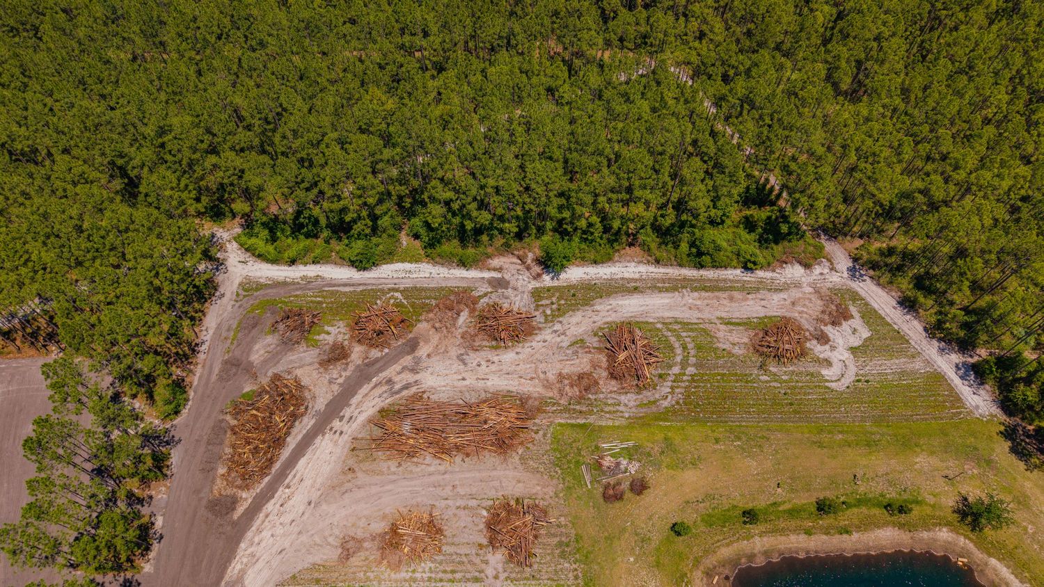 Aerial view of a cleared land plot bordered by dense green forest, showing construction preparation and debris piles.