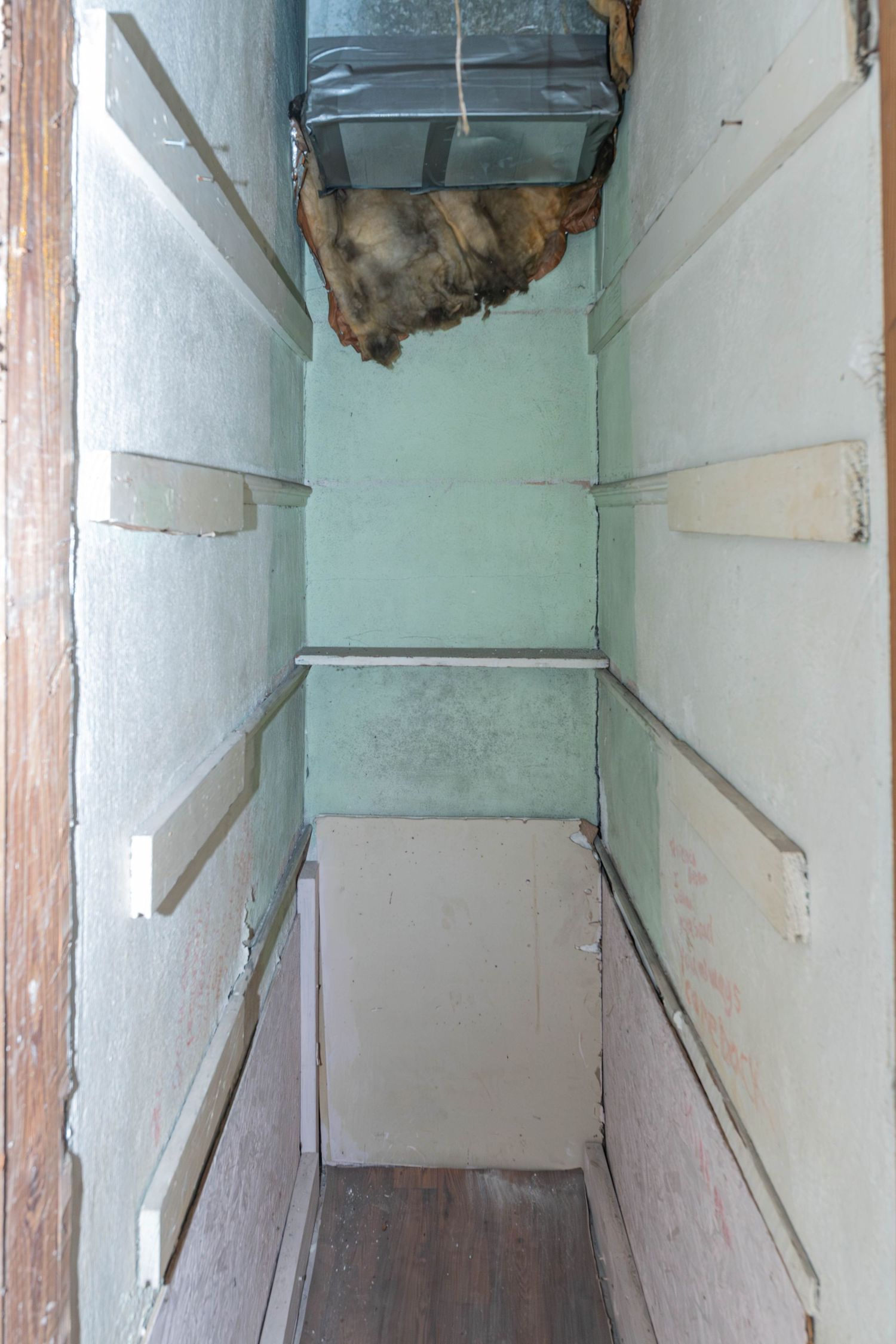 Narrow empty closet with bare shelves, green walls, wood floors, and damaged ceiling insulation visible above.