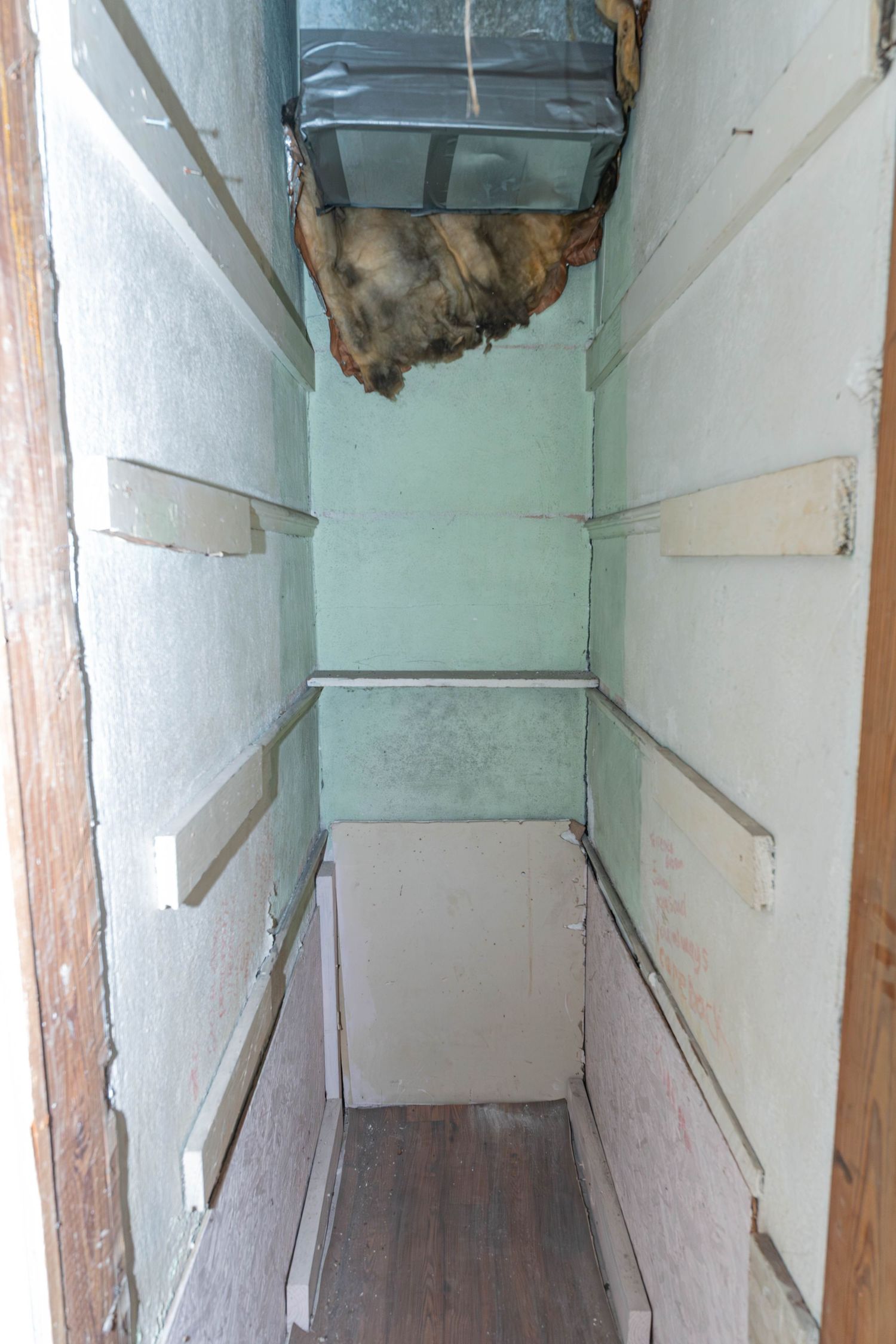 Narrow empty closet with wooden shelves, green painted walls, and exposed insulation visible at the top.