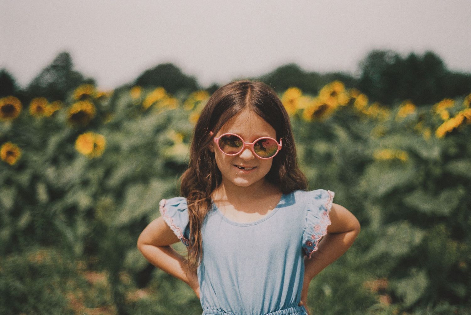 Young girl with pink sunglasses posing confidently in a vibrant sunflower field.