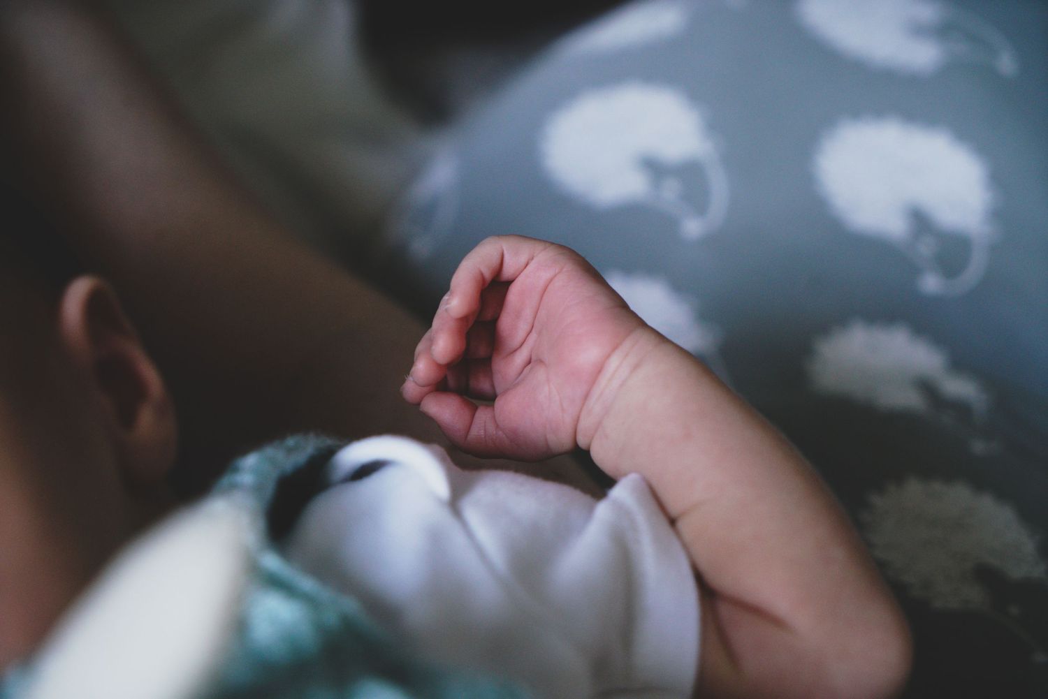Newborn baby, at home, natural light photograph. Tiny hands.