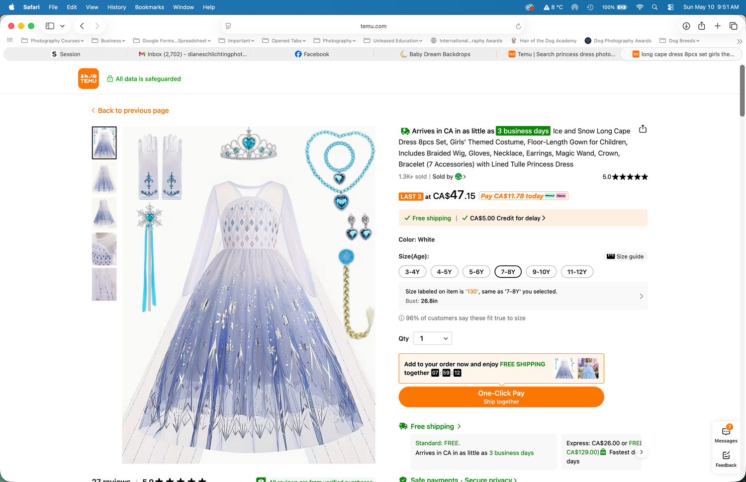 Girls Frozen Elsa princess costume dress set with tiara, wand, gloves, and necklace accessories on shopping website.