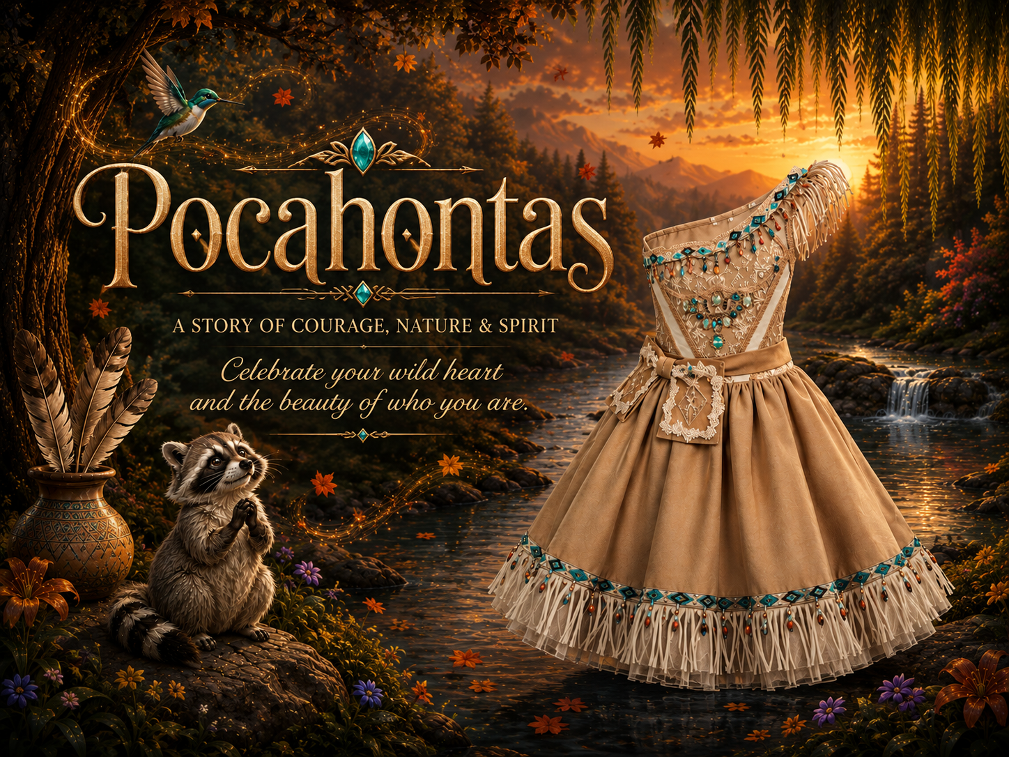 Pocahontas-themed dress display with raccoon, feathers, and forest backdrop, celebrating courage, nature, and spirit.