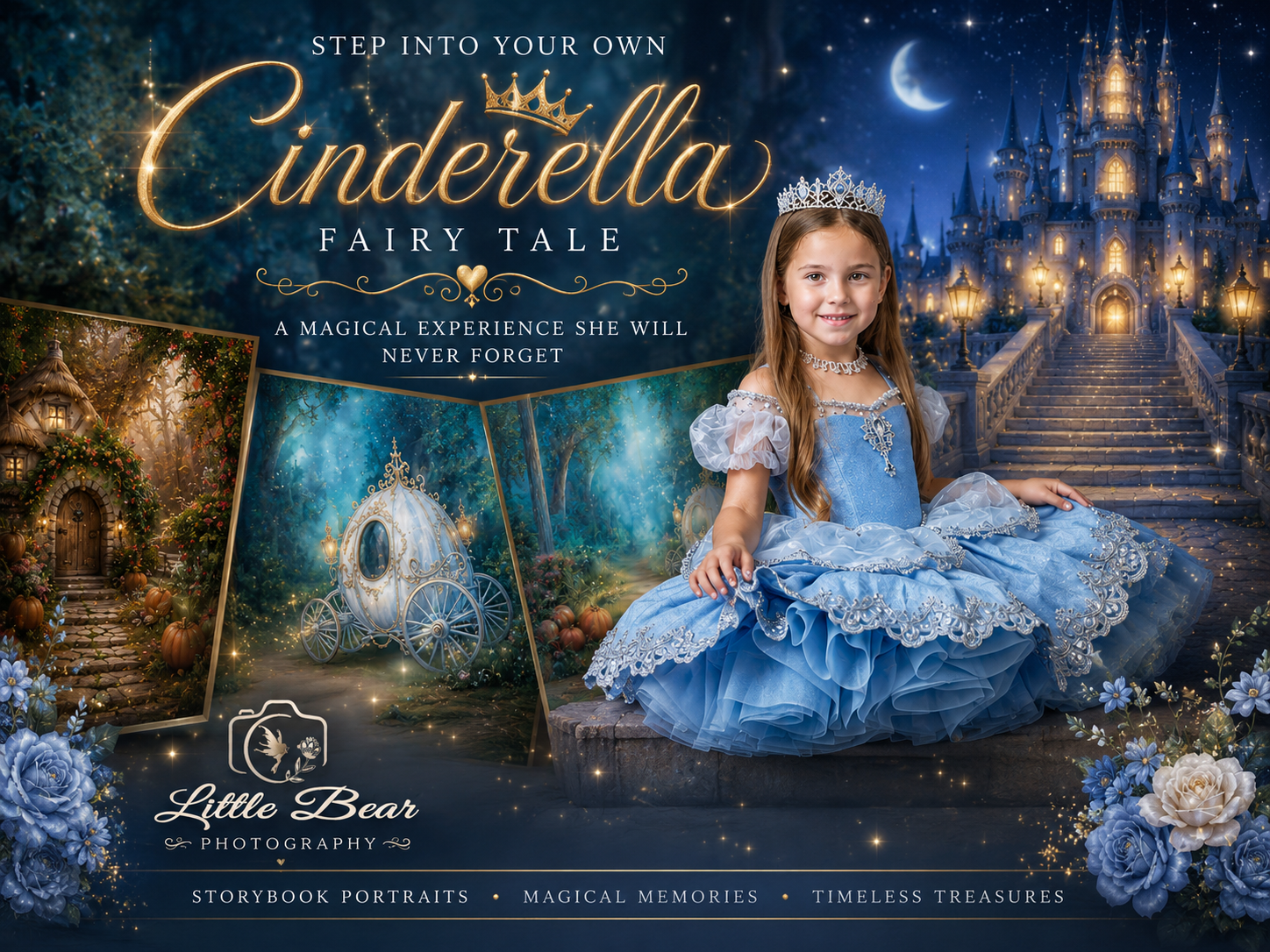 Girl in blue gown poses for Little Bear Photography Cinderella fairy tale storybook portrait with enchanted castle backdrop.