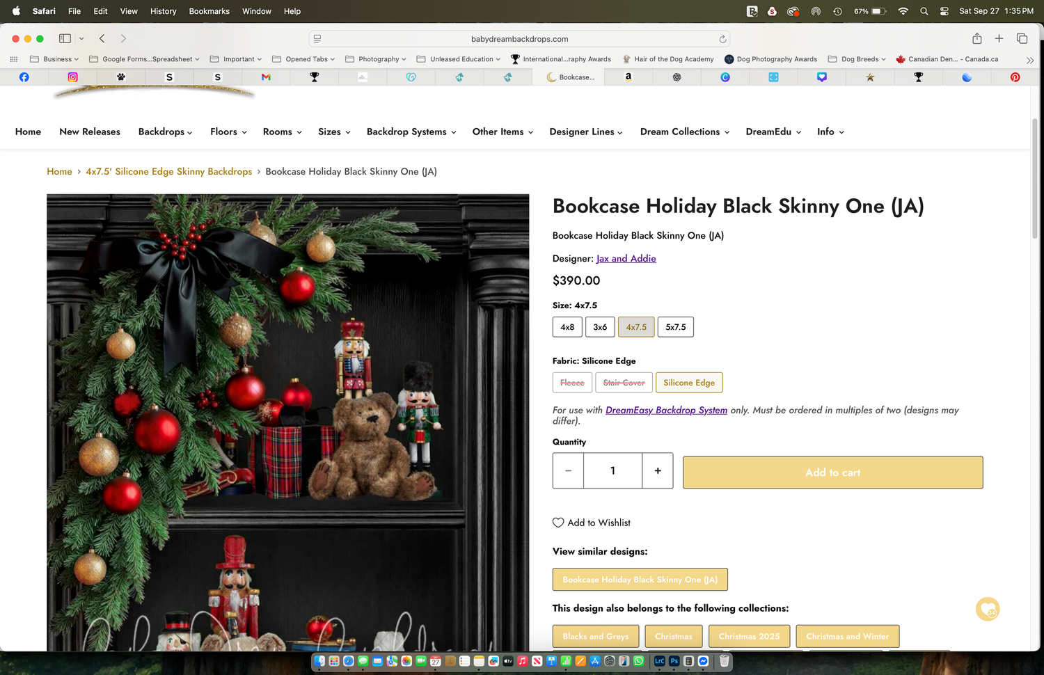 Bookcase Holiday Black Skinny One bookshelf decorated with festive Christmas ornaments displayed on a retail website.