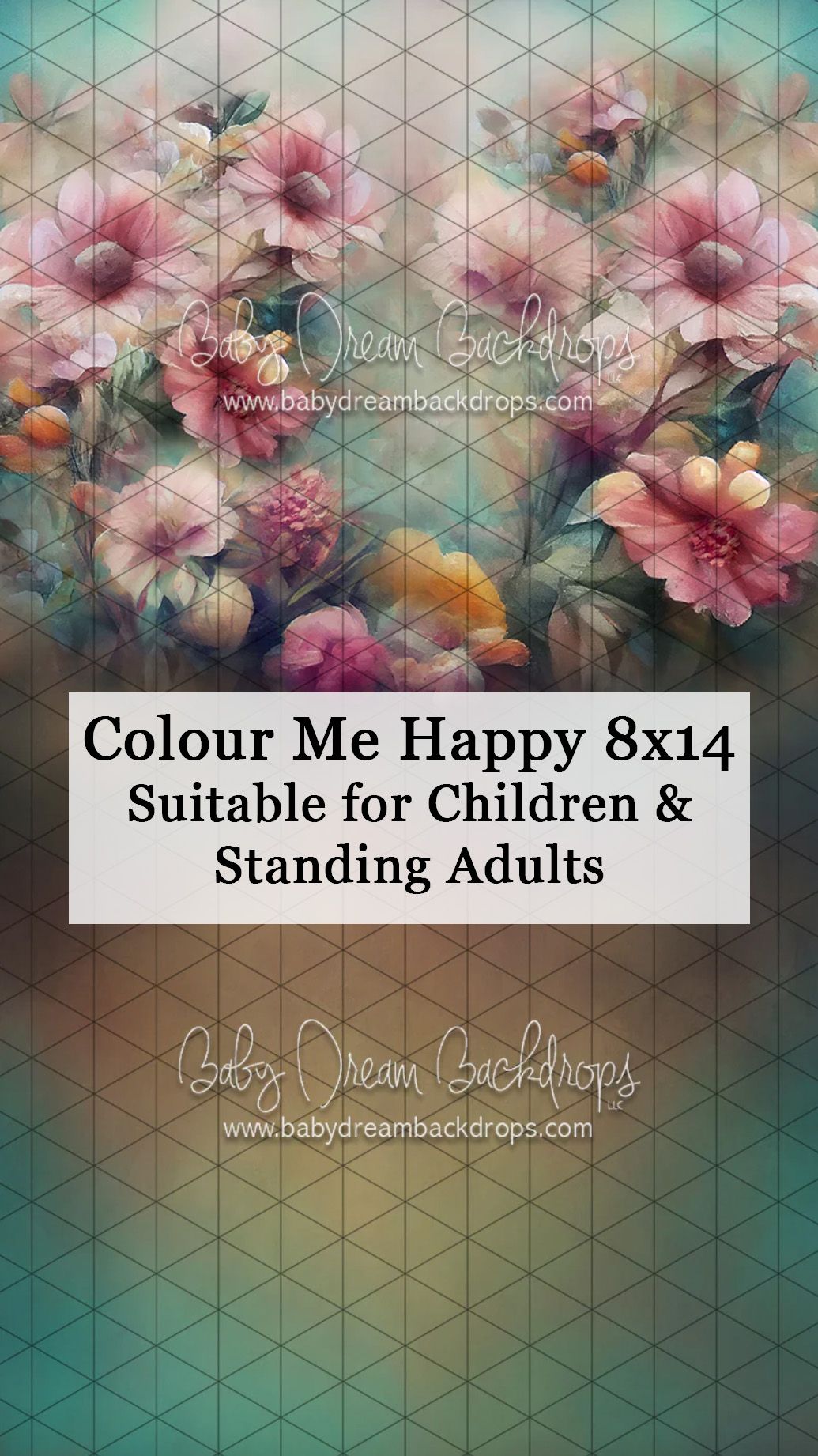 Colour Me Happy 8x14 children's photography backdrop featuring soft watercolor-style pink and peach flowers on a teal grid.