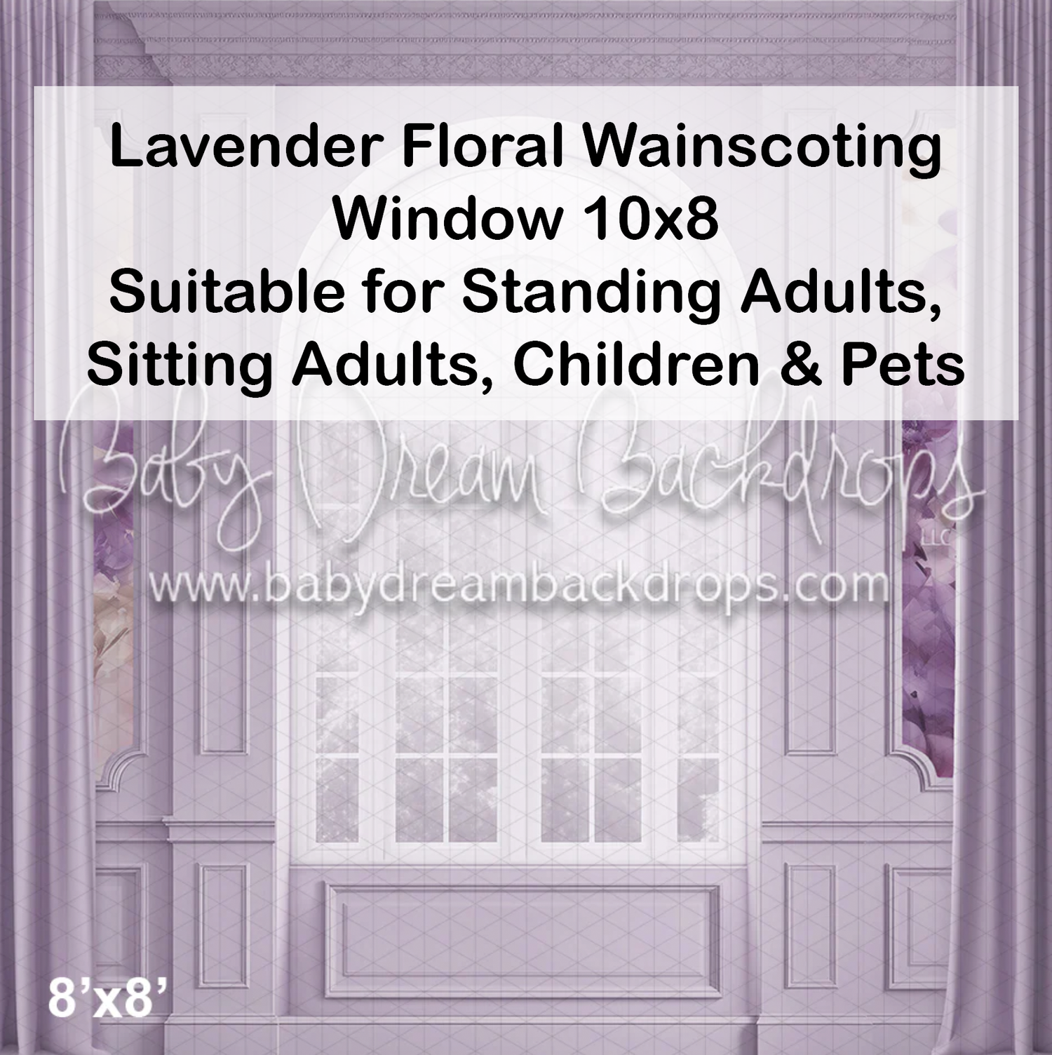 Lavender floral wainscoting window photography backdrop, 10x8ft, suitable for adults, children, and pets.