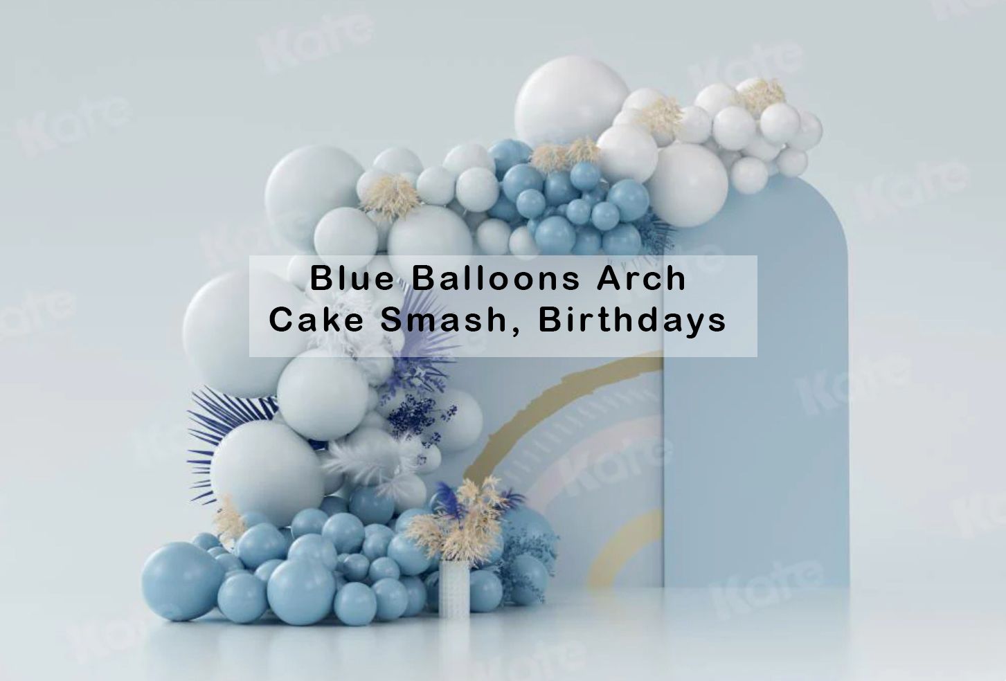 Blue balloon arch backdrop for cake smash and birthday photography with soft blue panels and white accents.